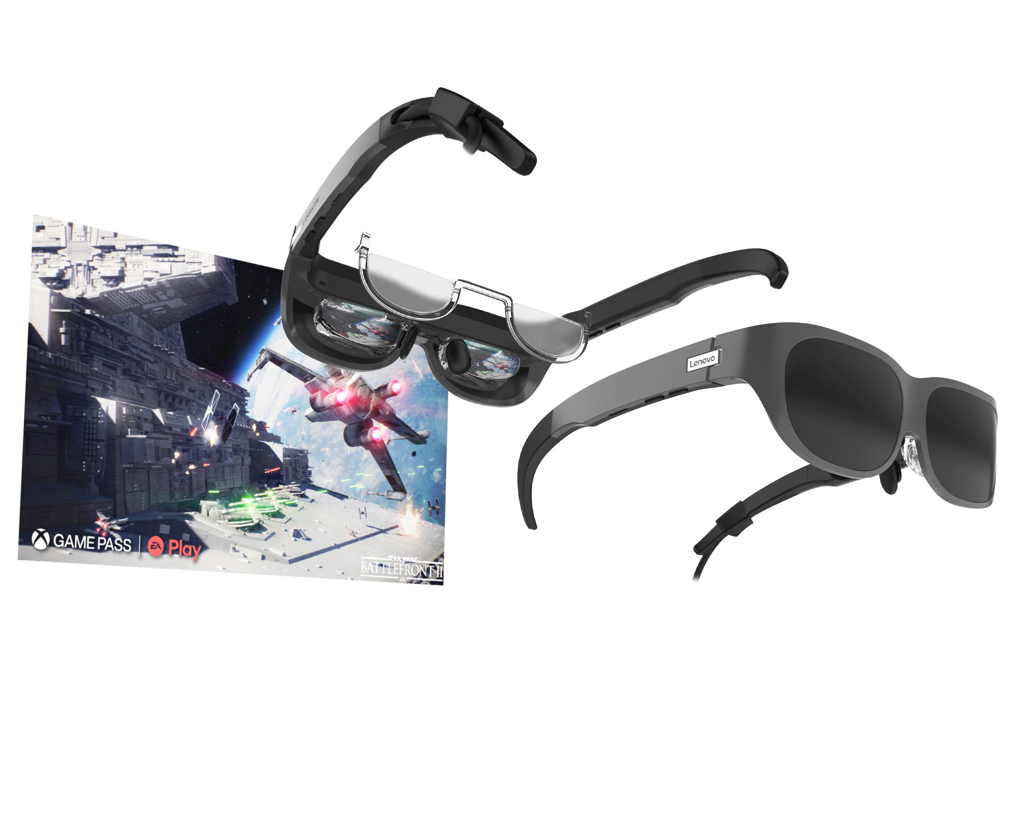 VR-Brille mit Spielbildschirm links. Die Brille zeigt einen Weltraumkampf.
