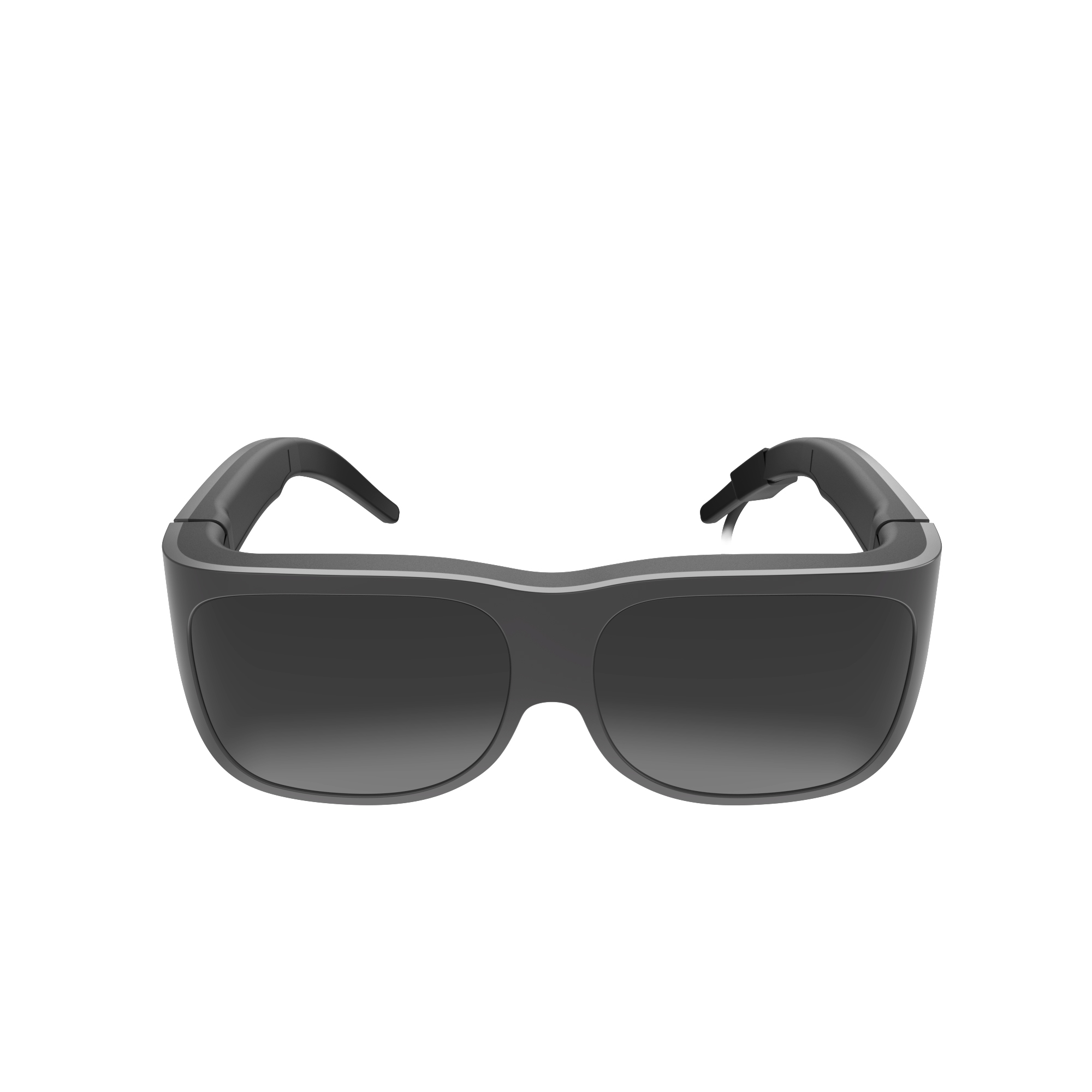 Dunkelgraue Smartglasses mit rechteckigem Design, schwarzem Rahmen und dunklen Gläsern.