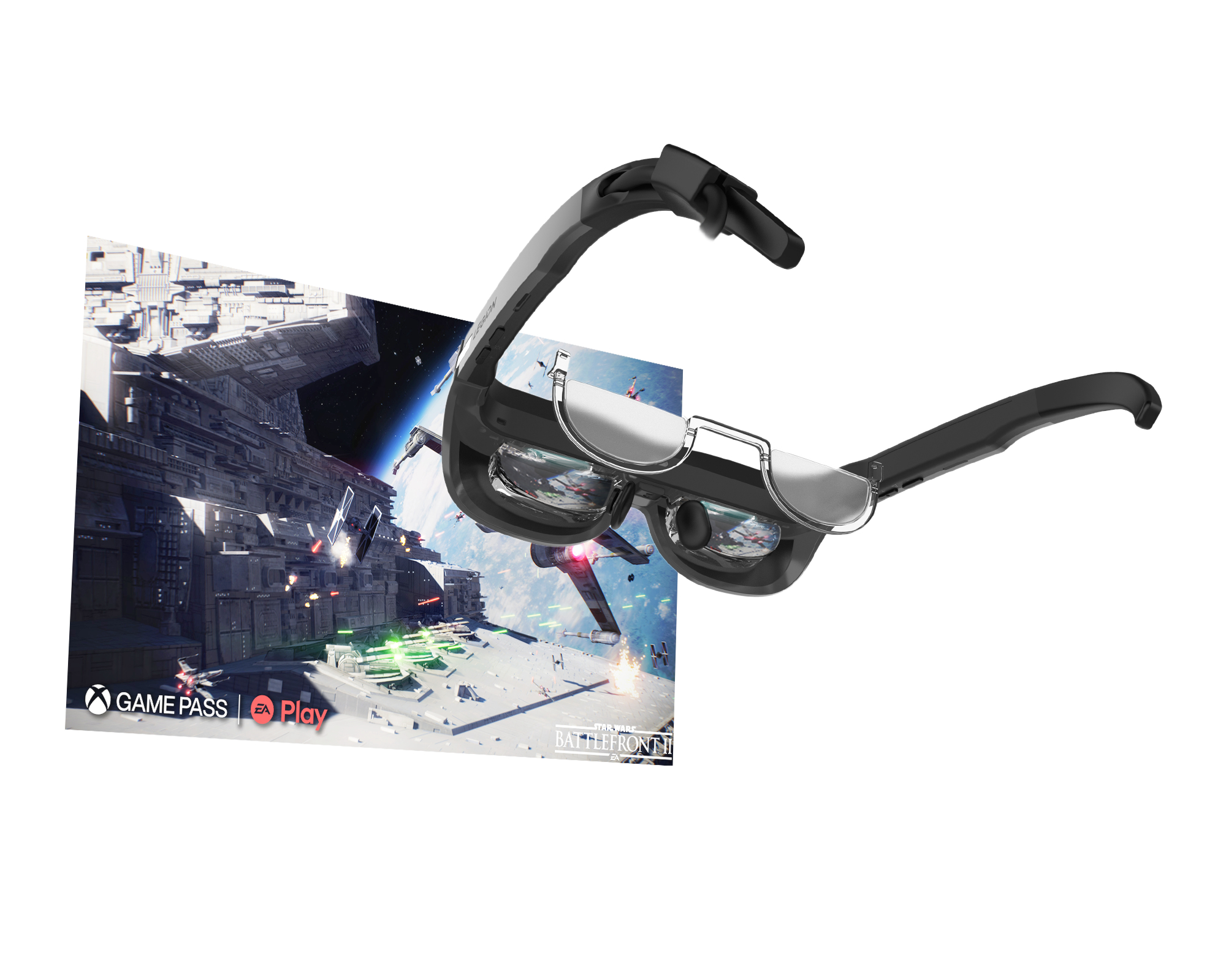 VR-Brille schwebt mit einem Bildschirm, der ein Star Wars-Spiel zeigt, auf weißem Hintergrund.