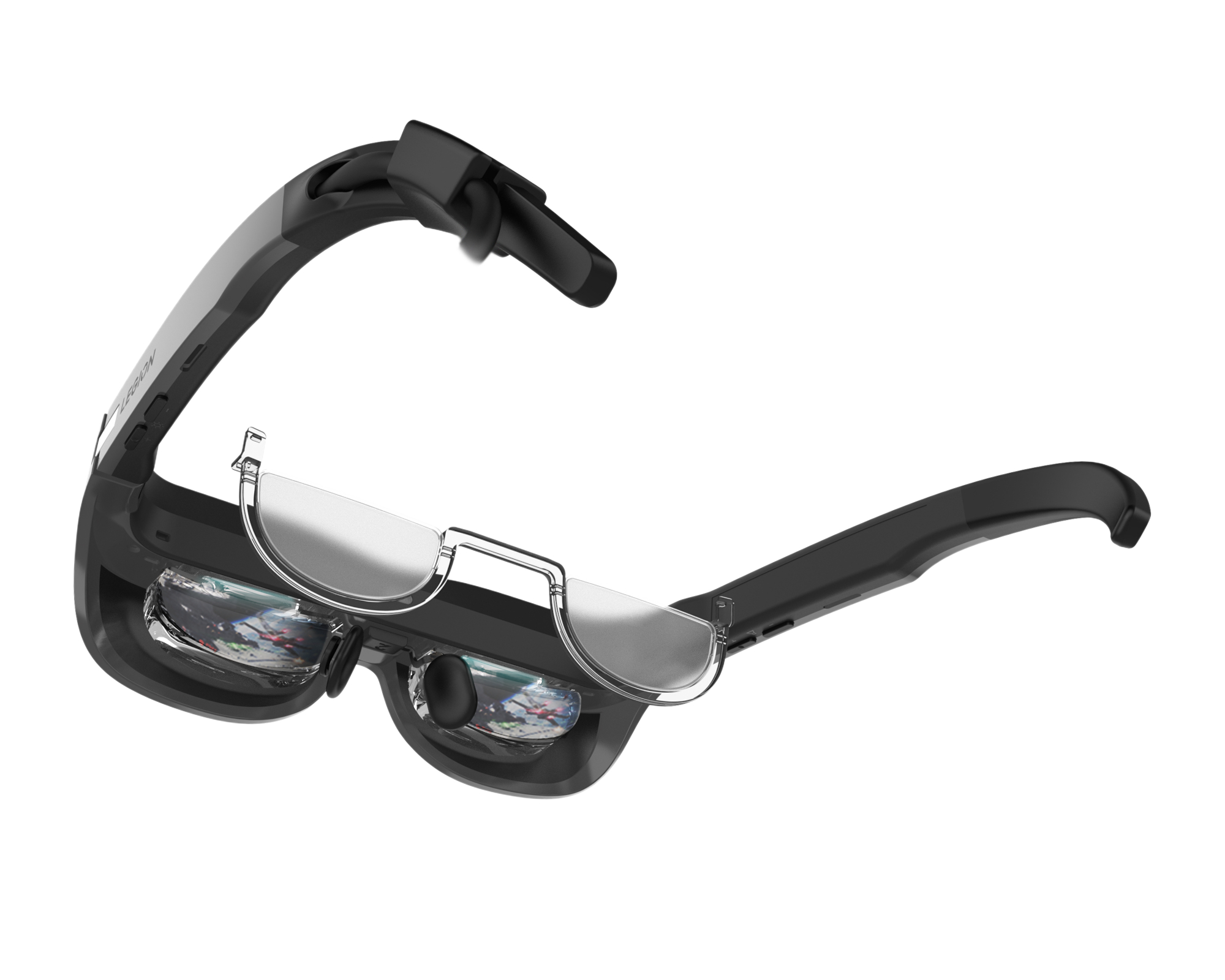 Schwarze Smart-Brille mit klaren Gläsern. Die Brille ist offen. Die Gläser zeigen einen farbenfrohen Bildschirm.
