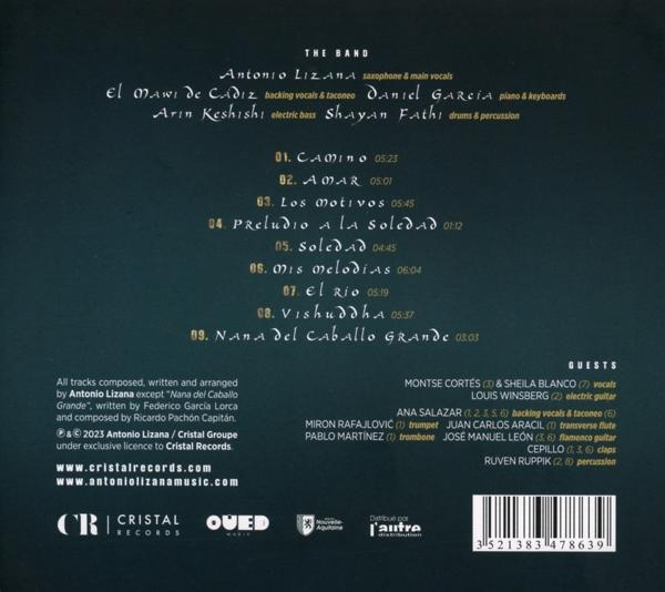 Rückseite einer Musik-CD. Der Text enthält Songtitel, Bandmitglieder und Gastmusiker.