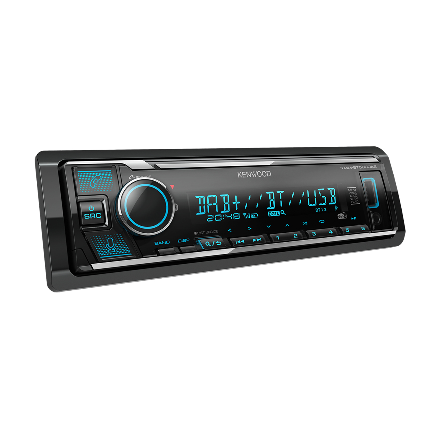 Un'autoradio Kenwood nera. Ha uno schermo e vari pulsanti e manopole.