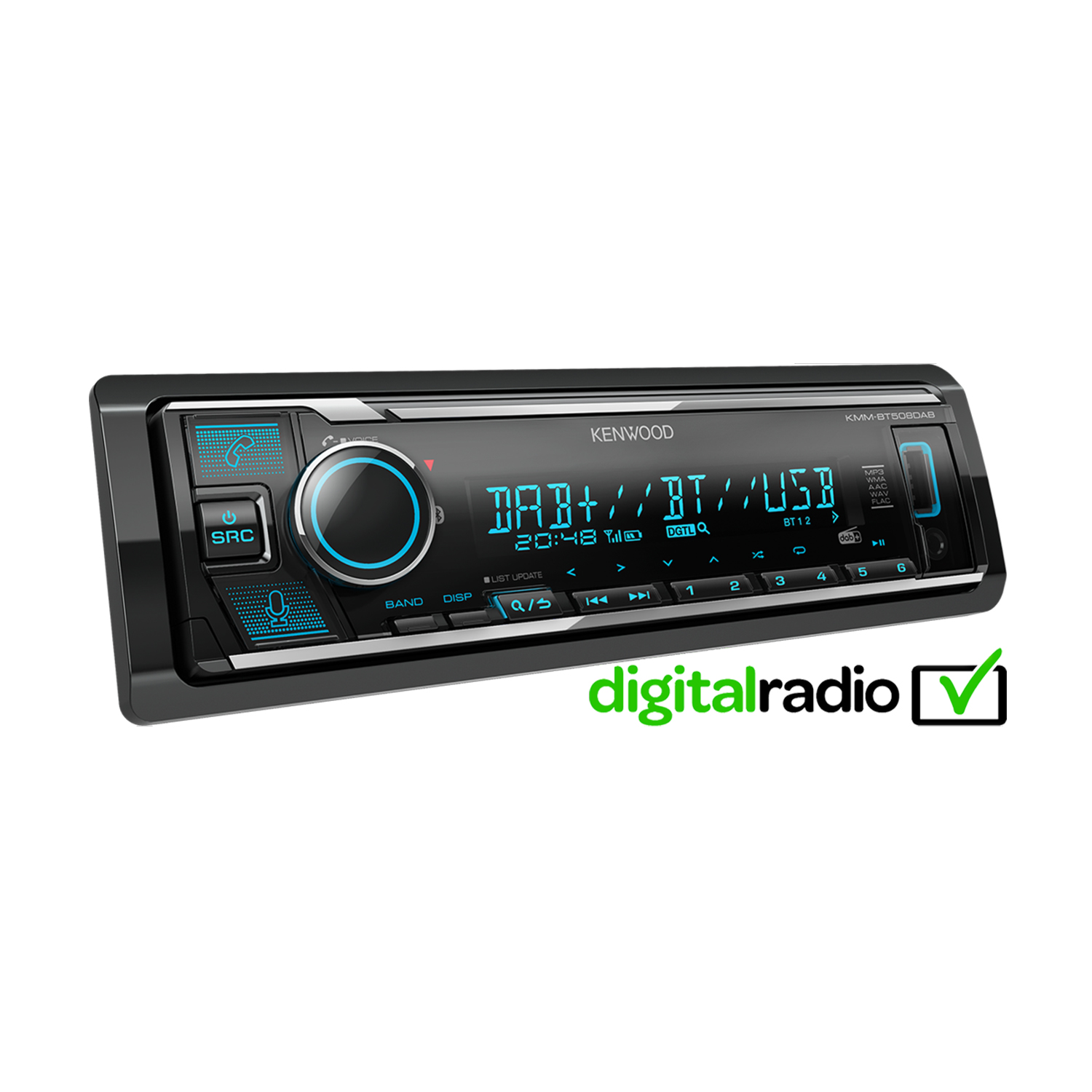 Autoradio Kenwood con DAB+, BT e USB, con icona di spunta digitalradio.