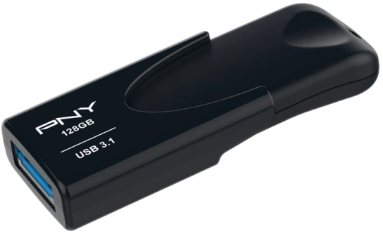 Zwarte PNY 128GB USB 3.1 flash drive, met een blauwe USB-connector.