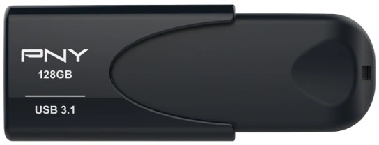 Zwarte PNY USB-stick. Het heeft een capaciteit van 128 GB. De tekst USB 3.1 is zichtbaar.