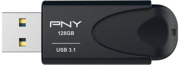 Een zwarte PNY 128GB USB 3.1 flashdrive op een witte achtergrond. Merk en capaciteit zijn zichtbaar.