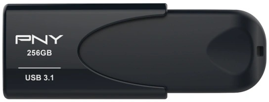 Black PNY USB flash drive. 256GB capacity. USB 3.1. The background is white.