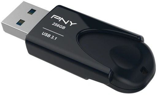 Black USB 3.1 PNY 256GB flash drive. Silver USB connector.
