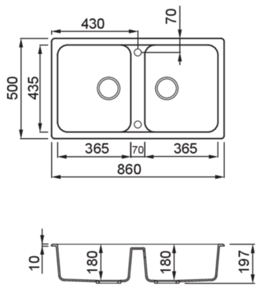 Kéttálcás mosogató diagramja méretekkel. Két kör alakú medence és egy középső elválasztó.