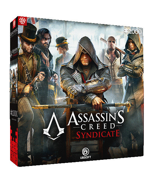 Pudełko z puzzlami Assassin's Creed Syndicate z postaciami z gry i logo.
