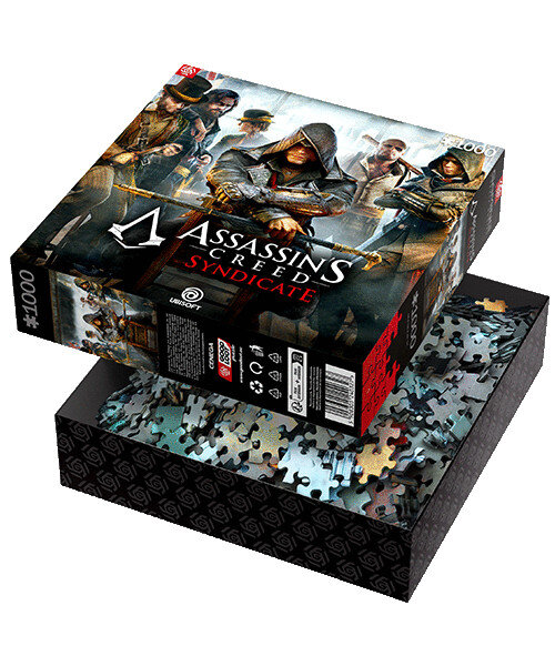 Otwarta skrzynka z puzzlami Assassin's Creed Syndicate. Pokazuje puzzle i pokrywę z postaciami z gry.