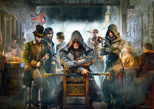 Scena z Assassin's Creed. Grupa ludzi w barze, mężczyzna pośrodku siedzi.