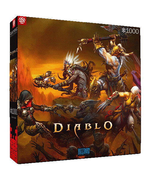 Pudełko z puzzlami z obrazem gry Diablo. Przedstawia wojowników w ognistej scenie walki.