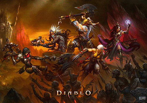 Ilustracja gry wideo Diablo z wieloma postaciami w scenie walki. Styl mrocznej fantastyki.