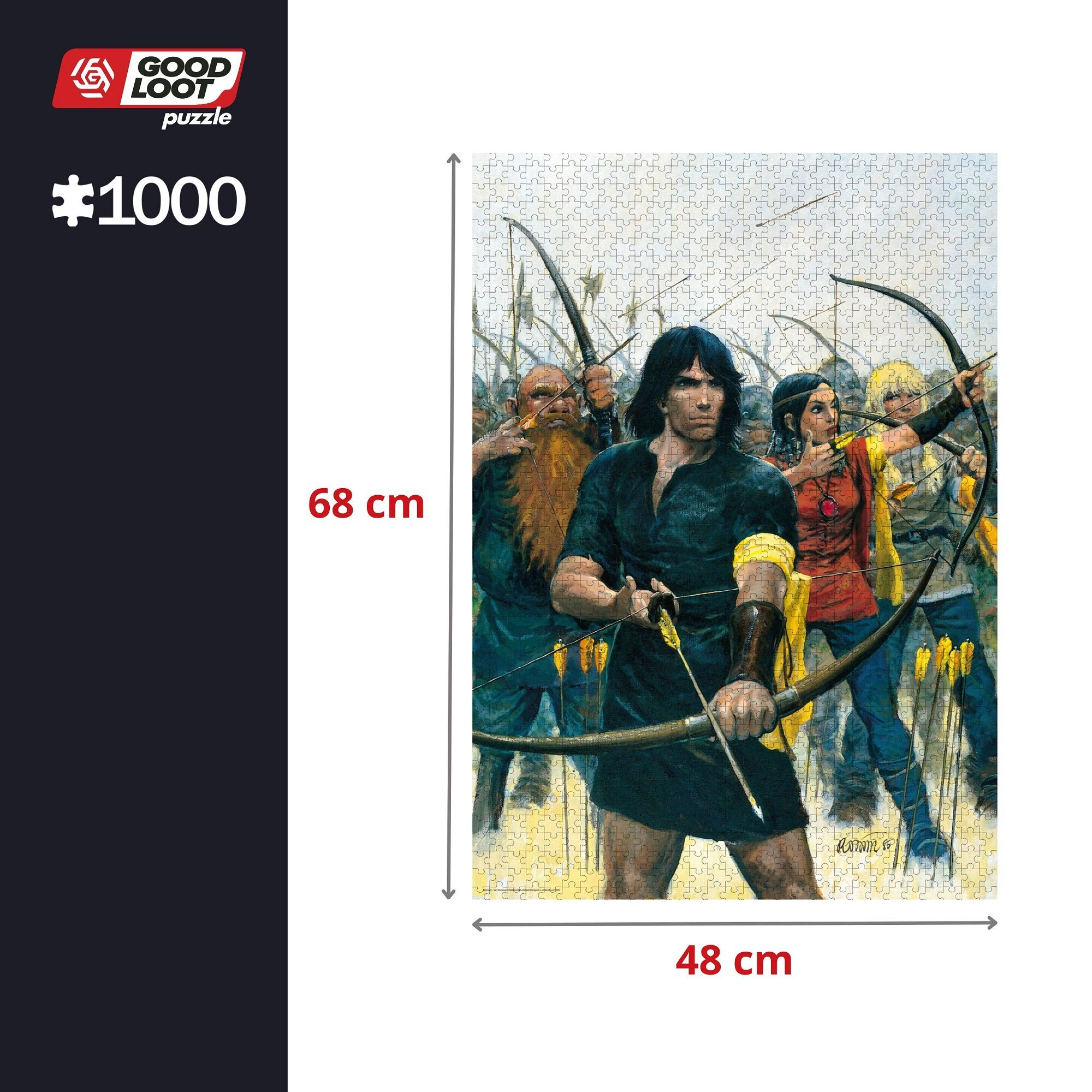 Obrazek układanki grupy łuczników celujących. Układanka ma 68x48 cm, 1000 elementów.