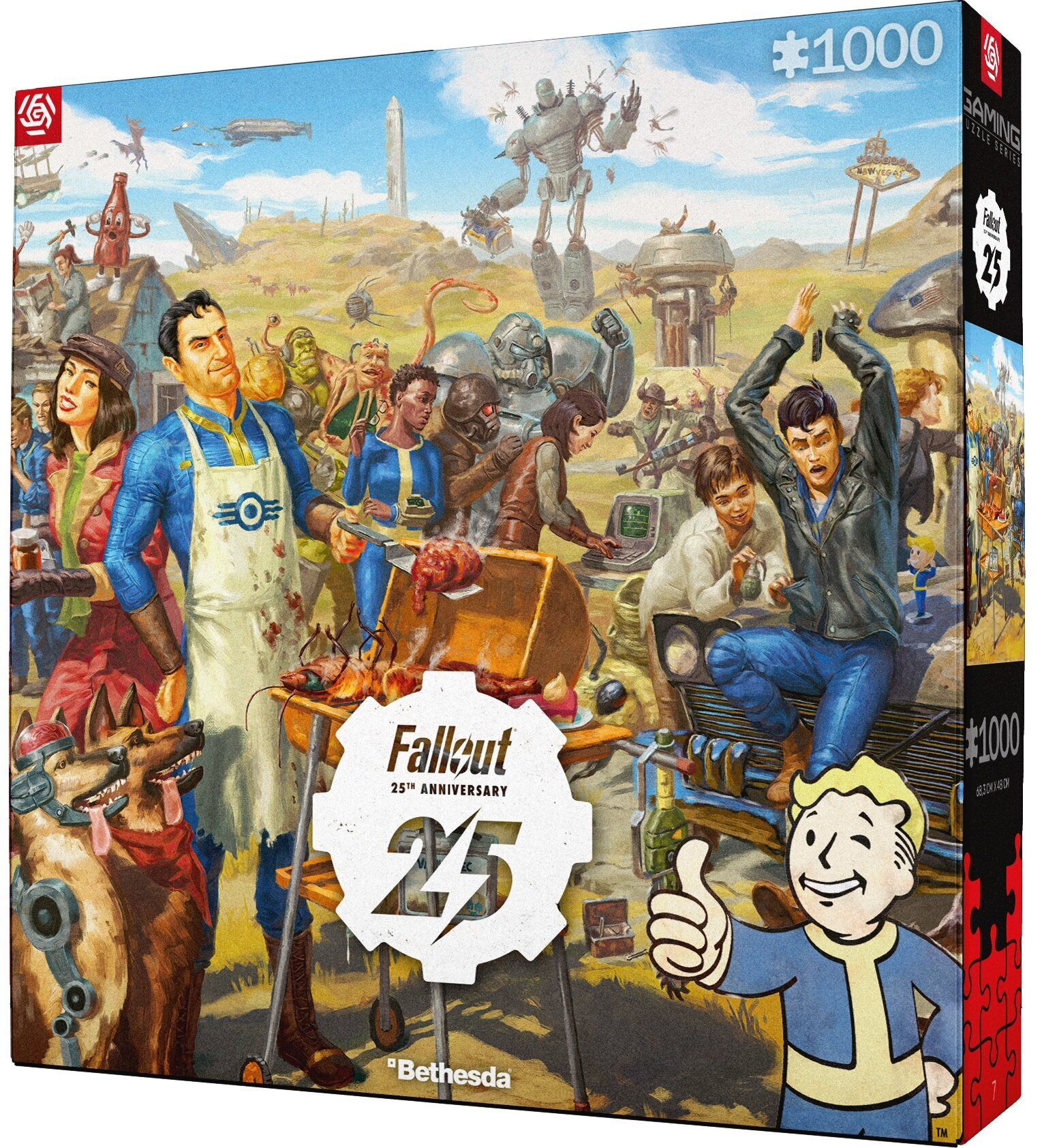 Pudełko z puzzlami Fallout. Postacie grillują. Obecne są roboty, psy i Vault Boy. Tło przedstawia pustynny krajobraz.