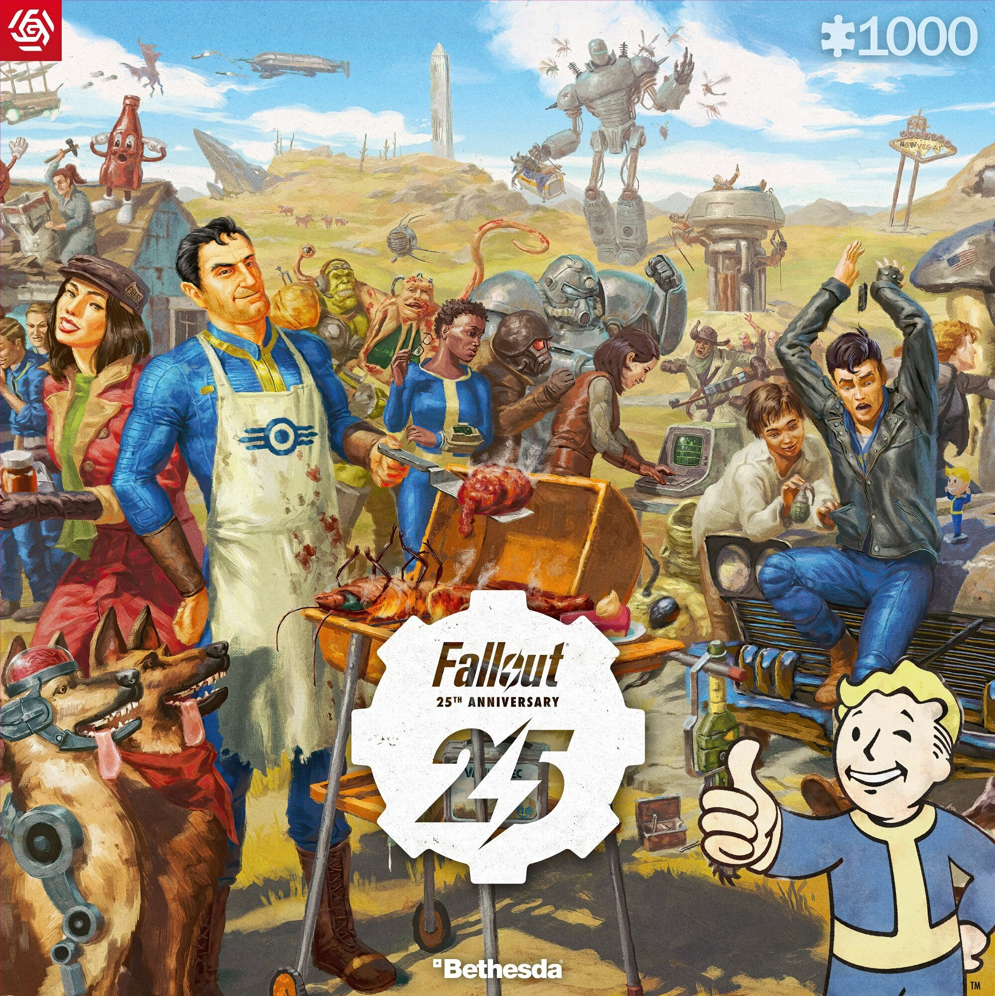 Grafika z okazji 25-lecia Fallout. Postacie grillują, roboty i Vault Boy. Element układanki z numerem 1000.