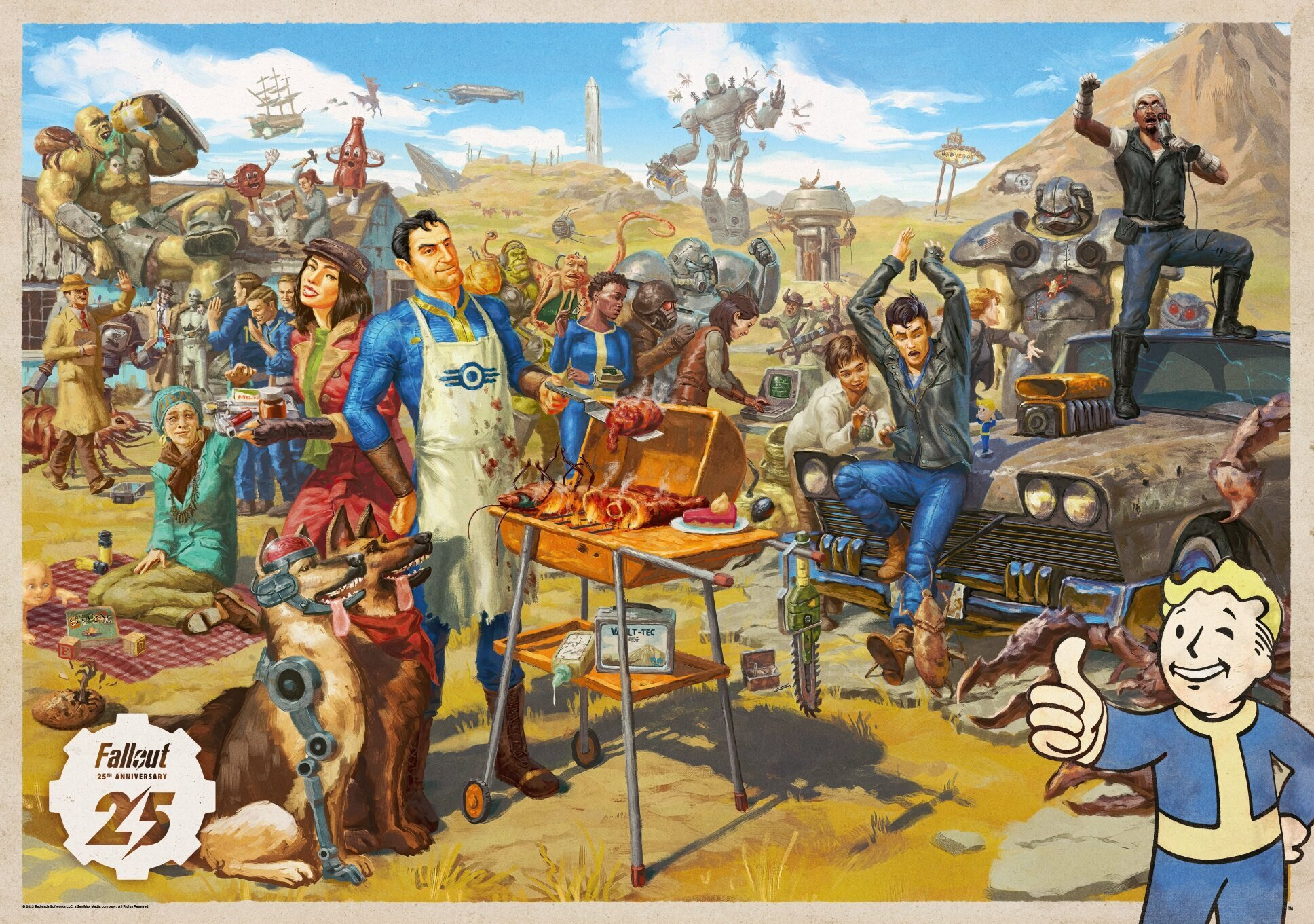 Ilustracja z okazji 25-lecia Fallout z postaciami, grillem, robotami i Vault Boy. Scena celebracyjna w stylu vintage.