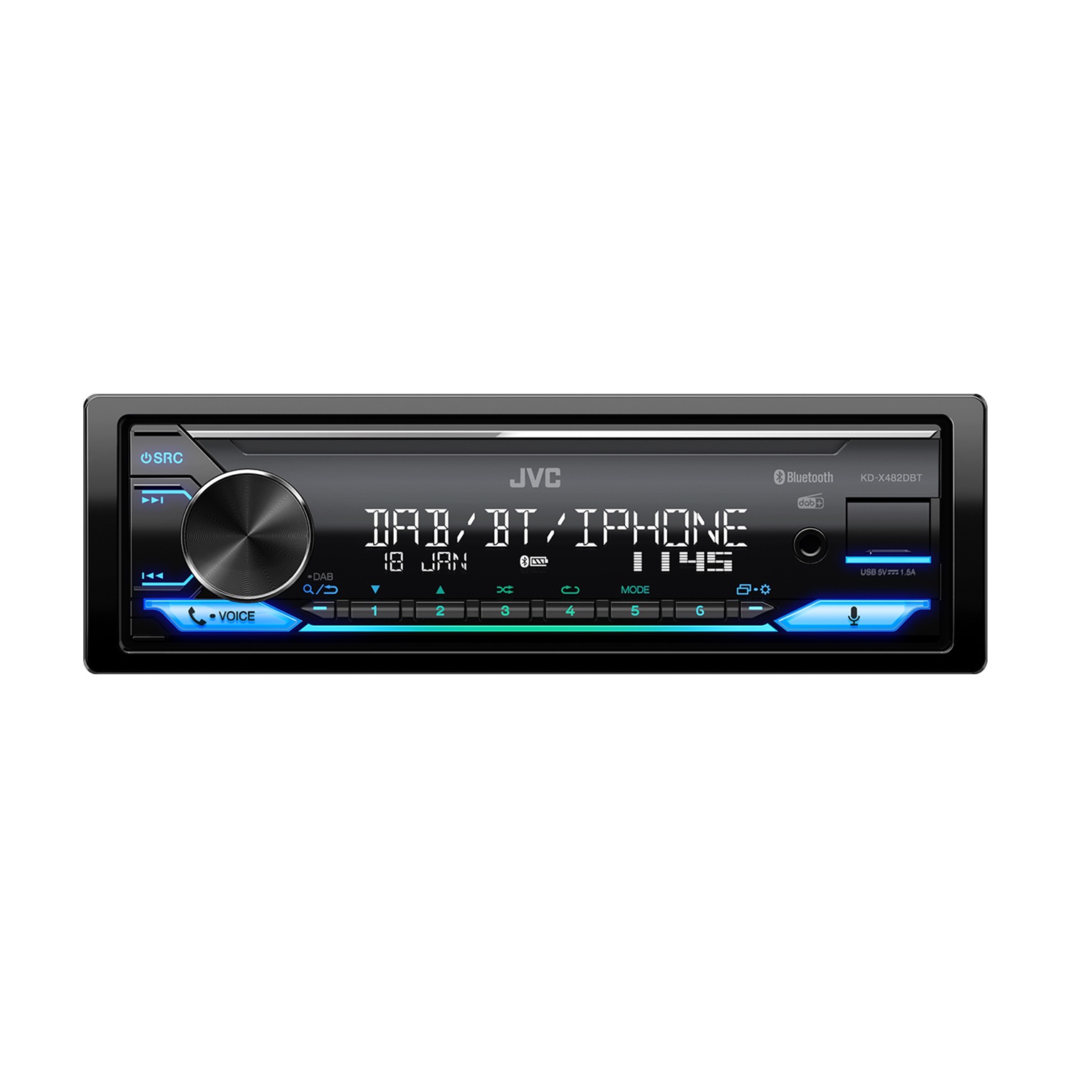 Autoradio, nero con accenti blu. Visualizza l'ora e DAB/BT/iPhone. Ha pulsanti e una manopola del volume.