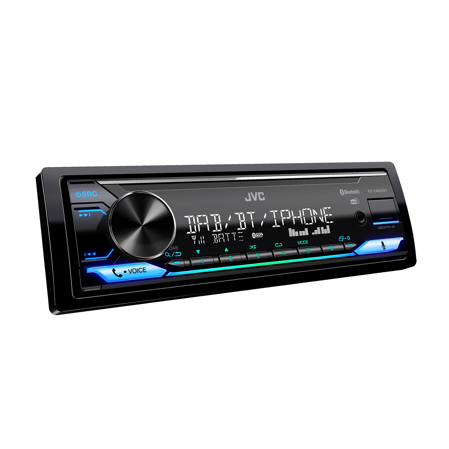 Autoradio con pannello frontale nero, display digitale e luci blu/verdi.