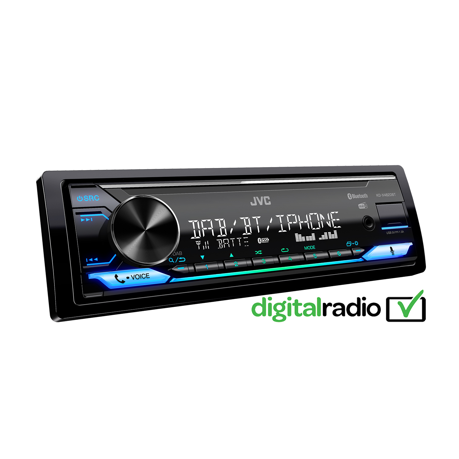 Autoradio JVC DAB/BT/iPhone, nero con dettagli blu. Il display mostra informazioni e controlli.