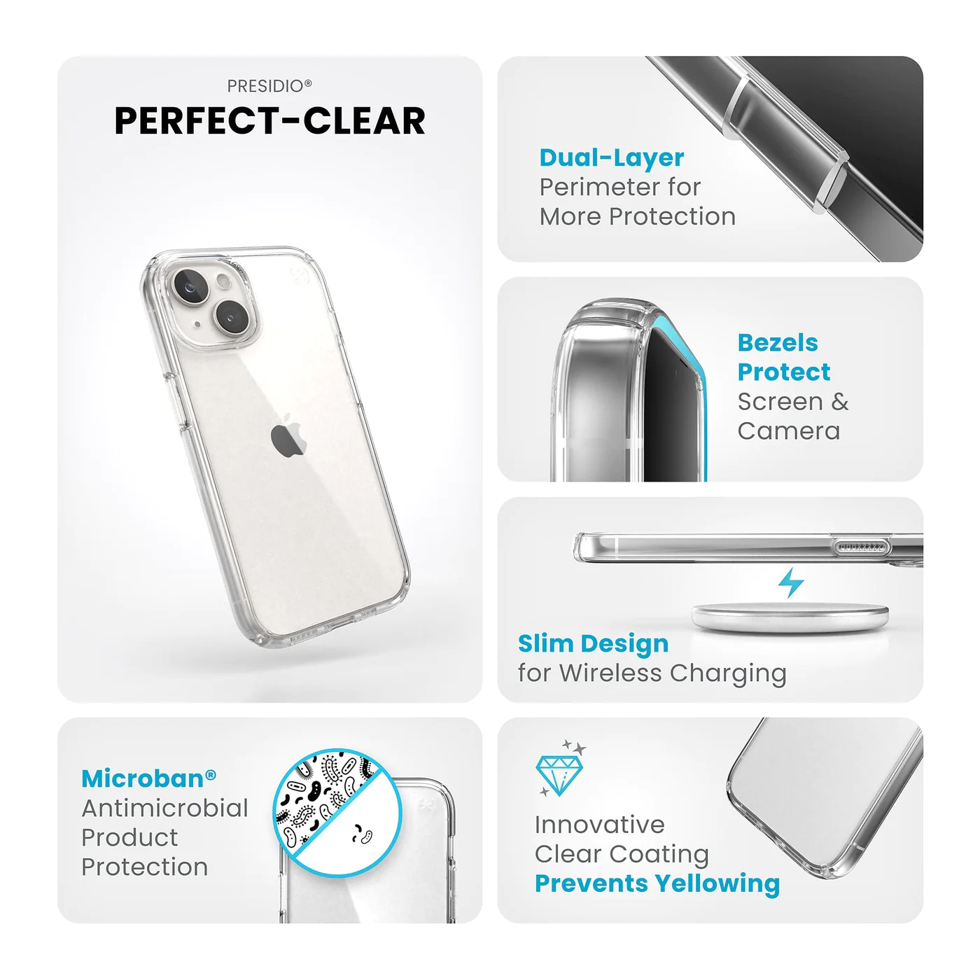 Átlátszó iPhone tok, a következő tulajdonságokkal: kétrétegű, keretek, vékony kialakítás, antimikrobiális.