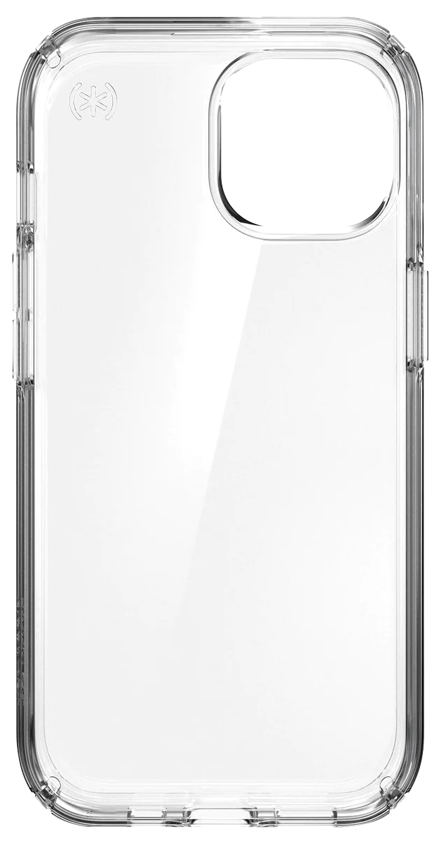 Átlátszó telefontok fekete szegéllyel. A tokon egy kis logó látható.