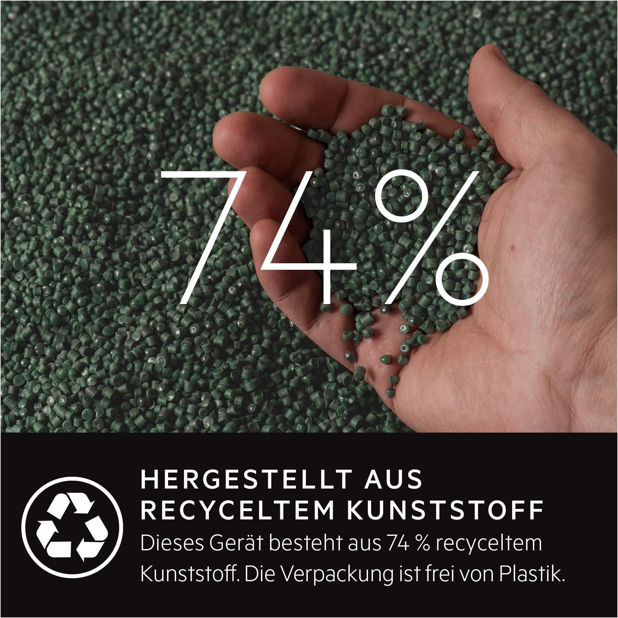 Hand, die grüne Kunststoffpellets hält. Text: "74%" und Informationen zum Recyclinggehalt.