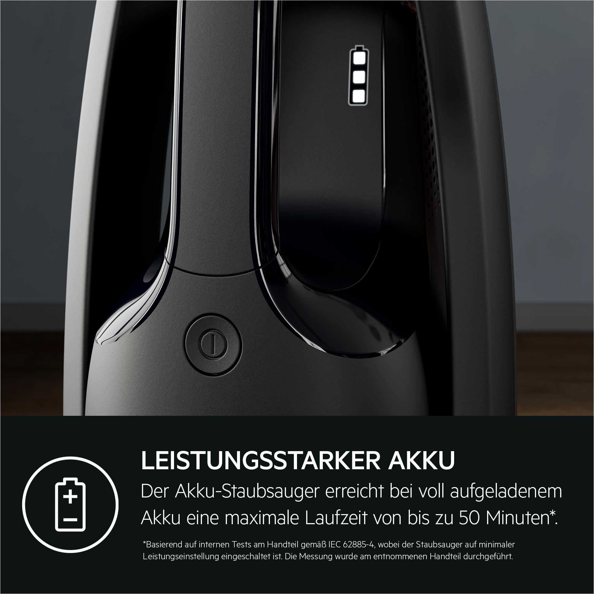 Schwarzer kabelloser Staubsauger mit weißem Logo und Text. Text: Leistungsstarker Akku. Weißer Hintergrund.