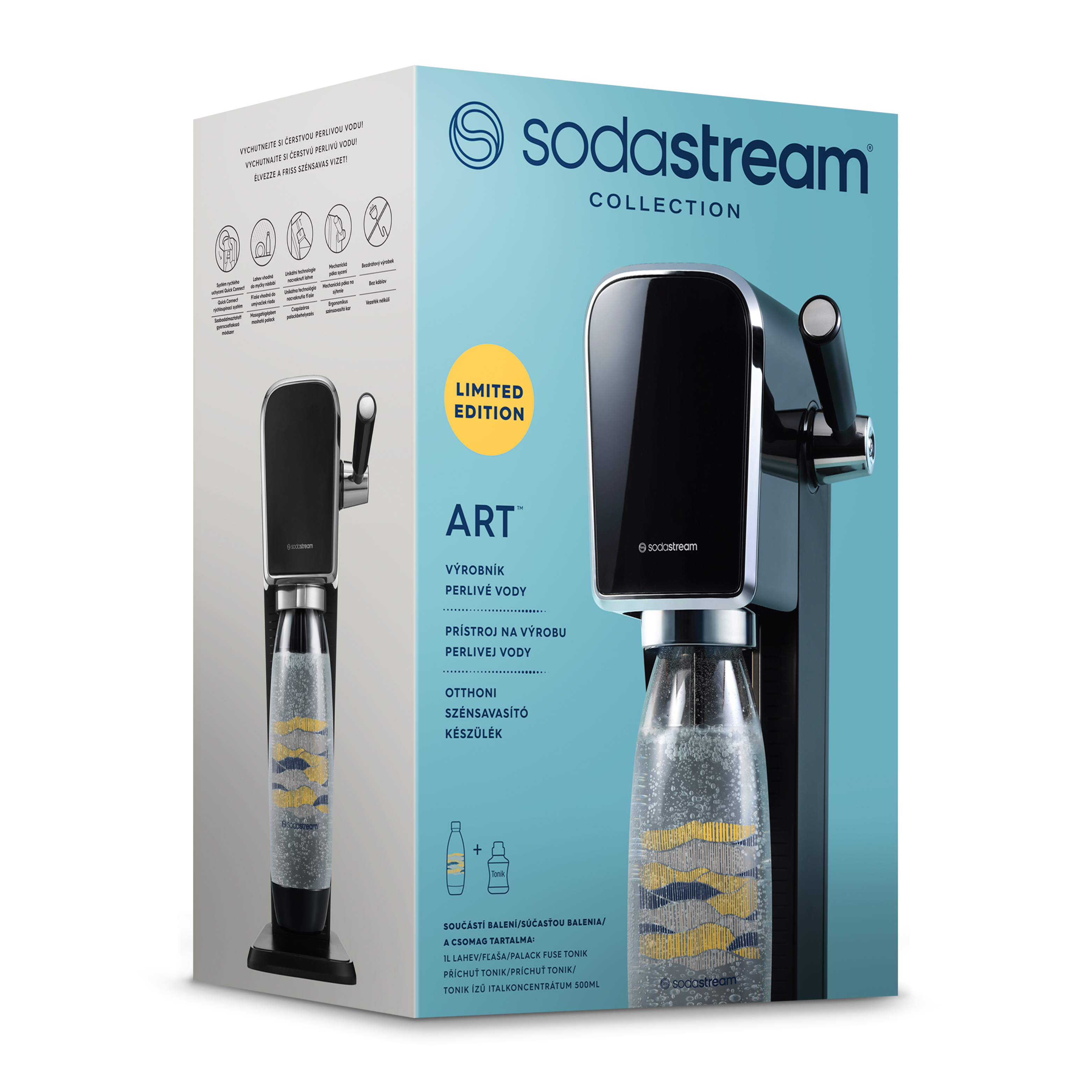 SodaStream ART limitált kiadású doboz fekete géppel, palackkal és szóda ízesítővel.