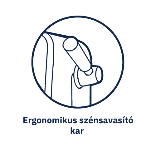 Egy kék kör alakú ikon egy gépalkatrész diagramjával, a "Ergonomikus szénsavasió kar" szöveggel.