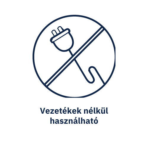 Egy dugó ikonja, átlós vonallal. Szöveg: 'Vezetékek nélkül használható'.