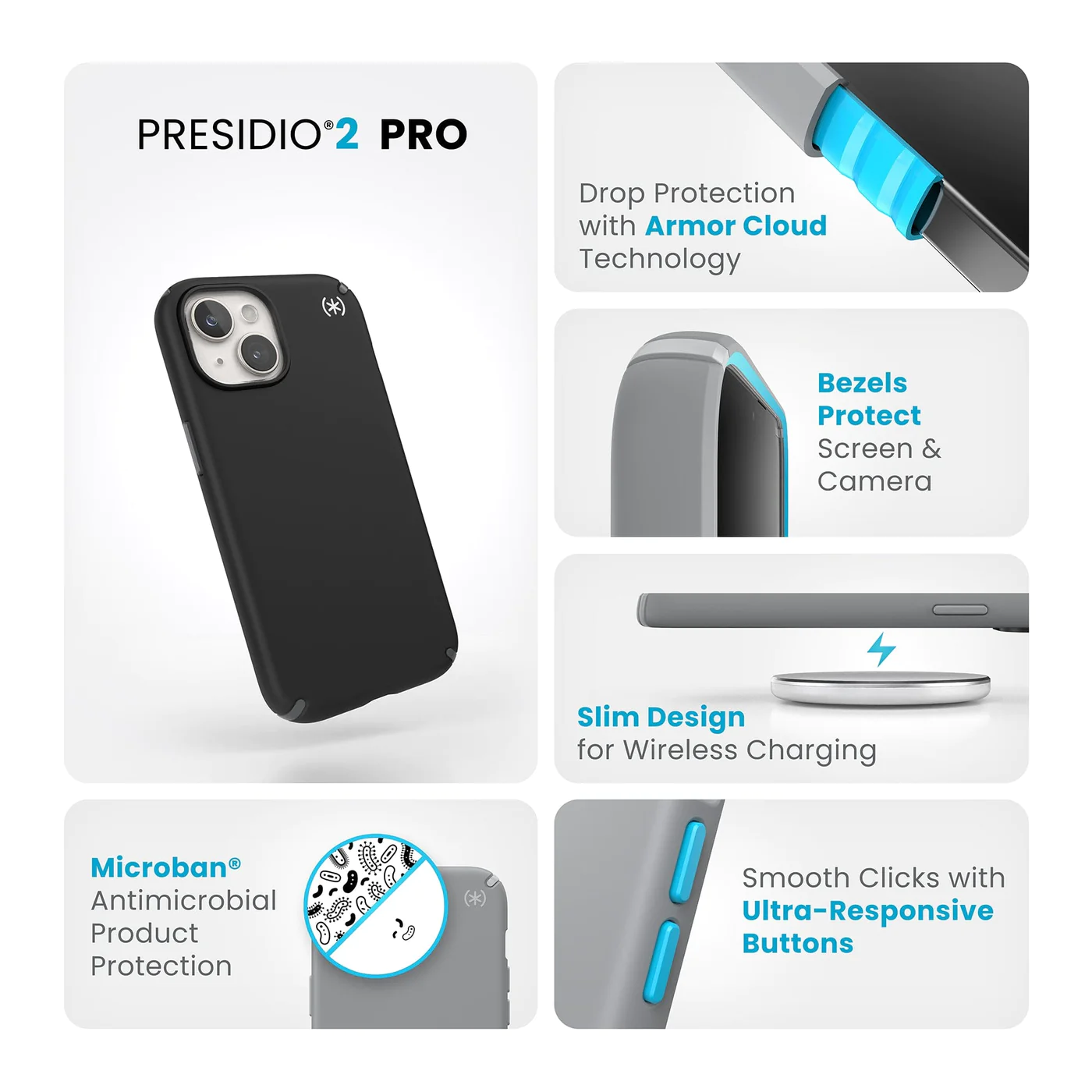 iPhone tok telefonnal. A termék jellemzői láthatók. Fekete tok, fehér telefon. Diagramok és szöveg.