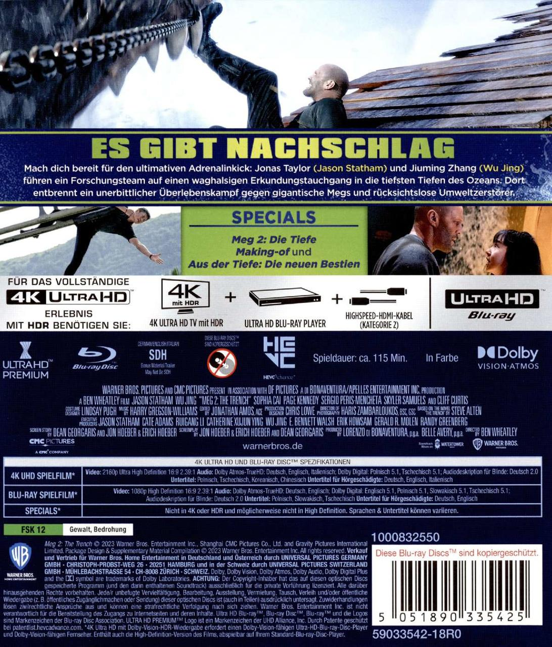 Die Rückseite einer Blu-ray Disc von 'Meg 2: The Trench' mit detaillierten Informationen.