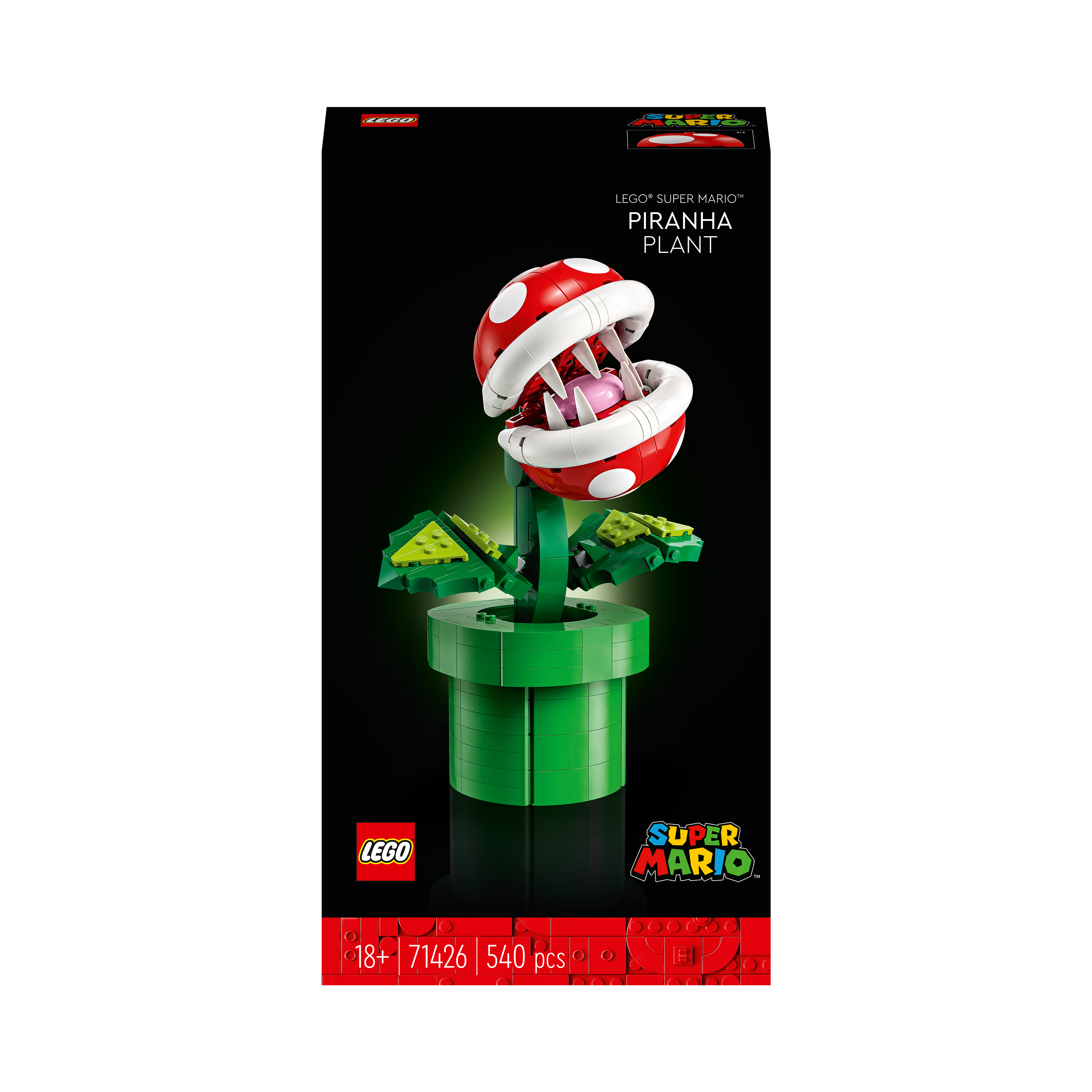 Lego Super Mario Piranha-Pflanze-Set. Die Pflanze ist rot und weiß, mit grünen Blättern.