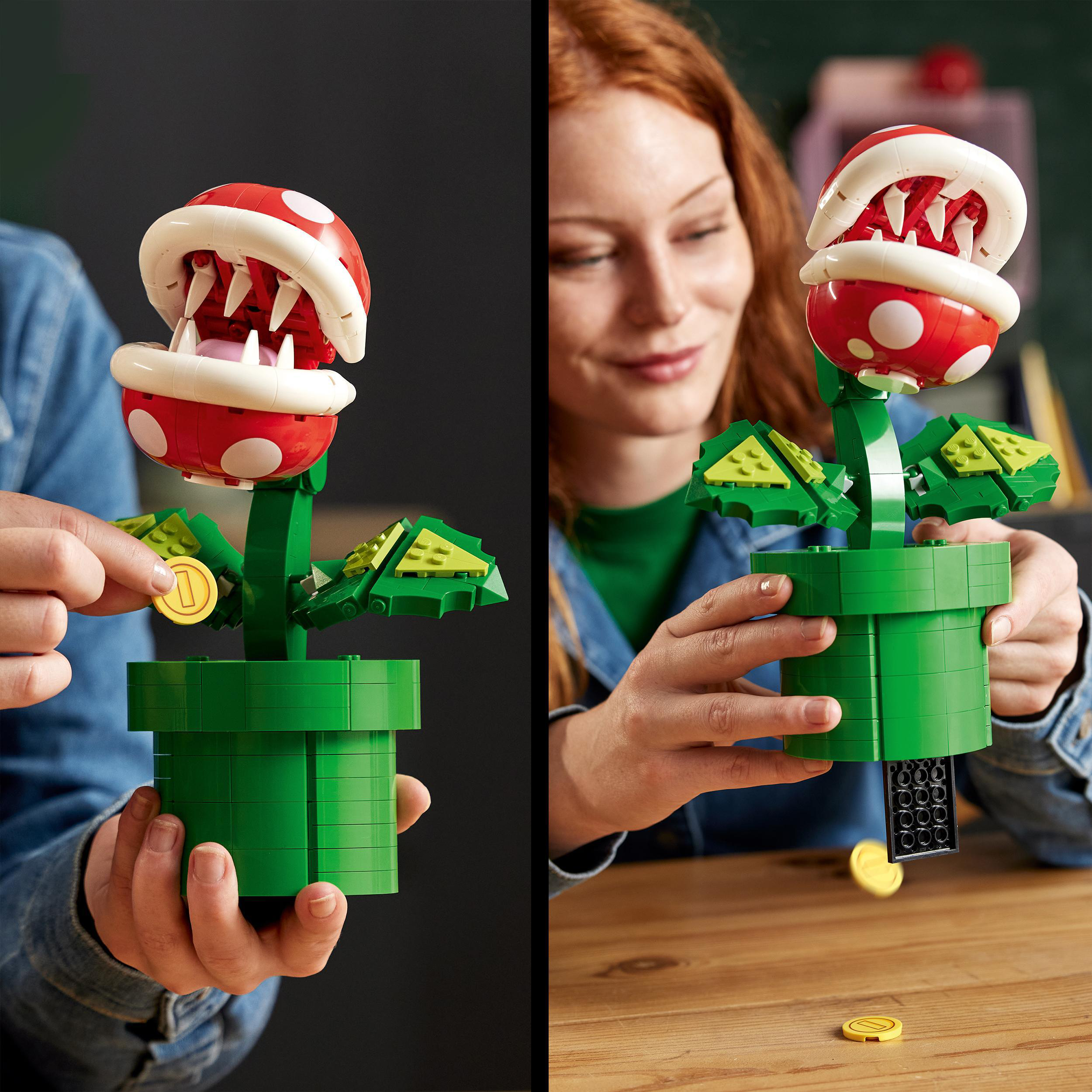 Zwei Personen interagieren mit einer Lego-Piranha-Pflanze. Einer fügt eine Münze hinzu, der andere hält die Pflanze.
