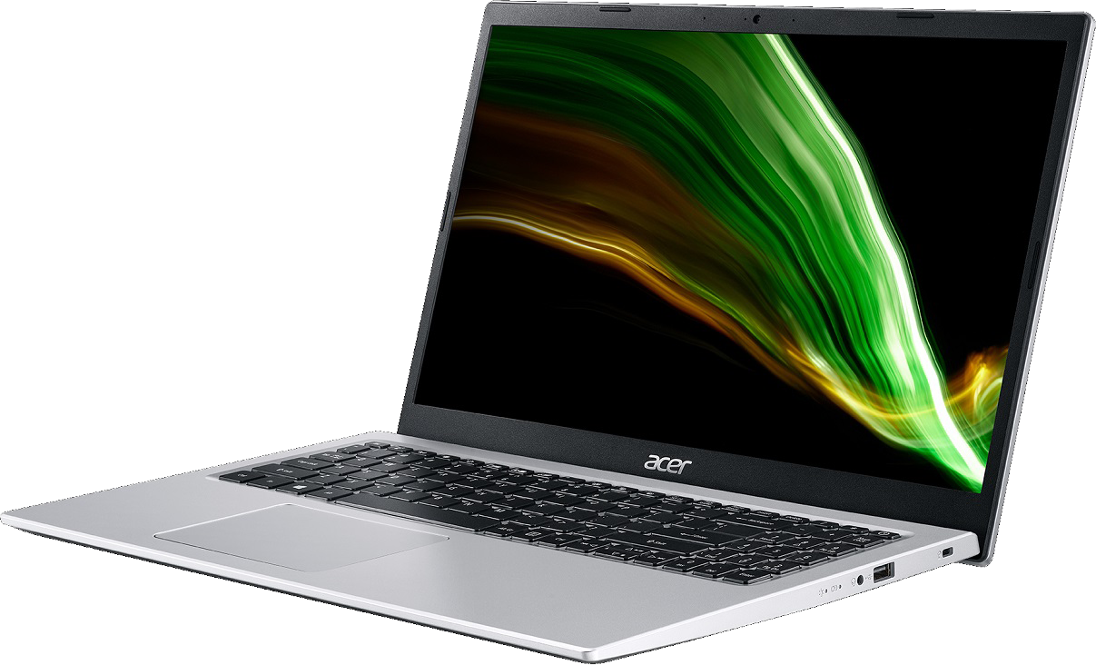 Ezüst laptop fekete háttéren. A képernyő zöld és sárga absztrakt dizájnt jelenít meg.