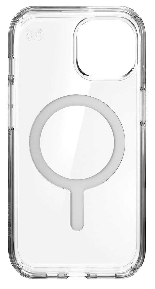 Egy átlátszó telefontok fehér MagSafe gyűrűvel fekete háttéren.