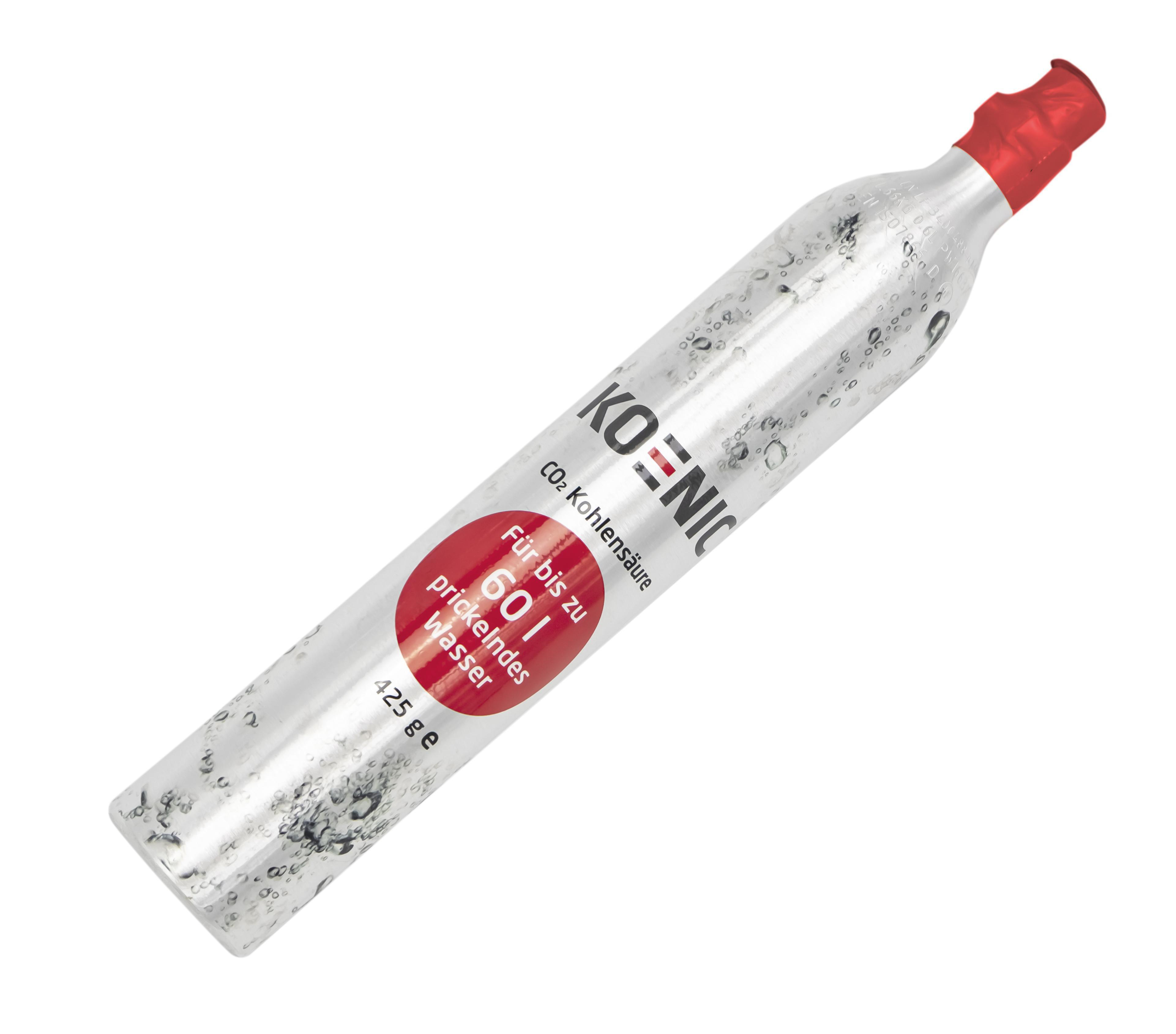 Eine silberne CO2-Flasche mit roter Kappe.