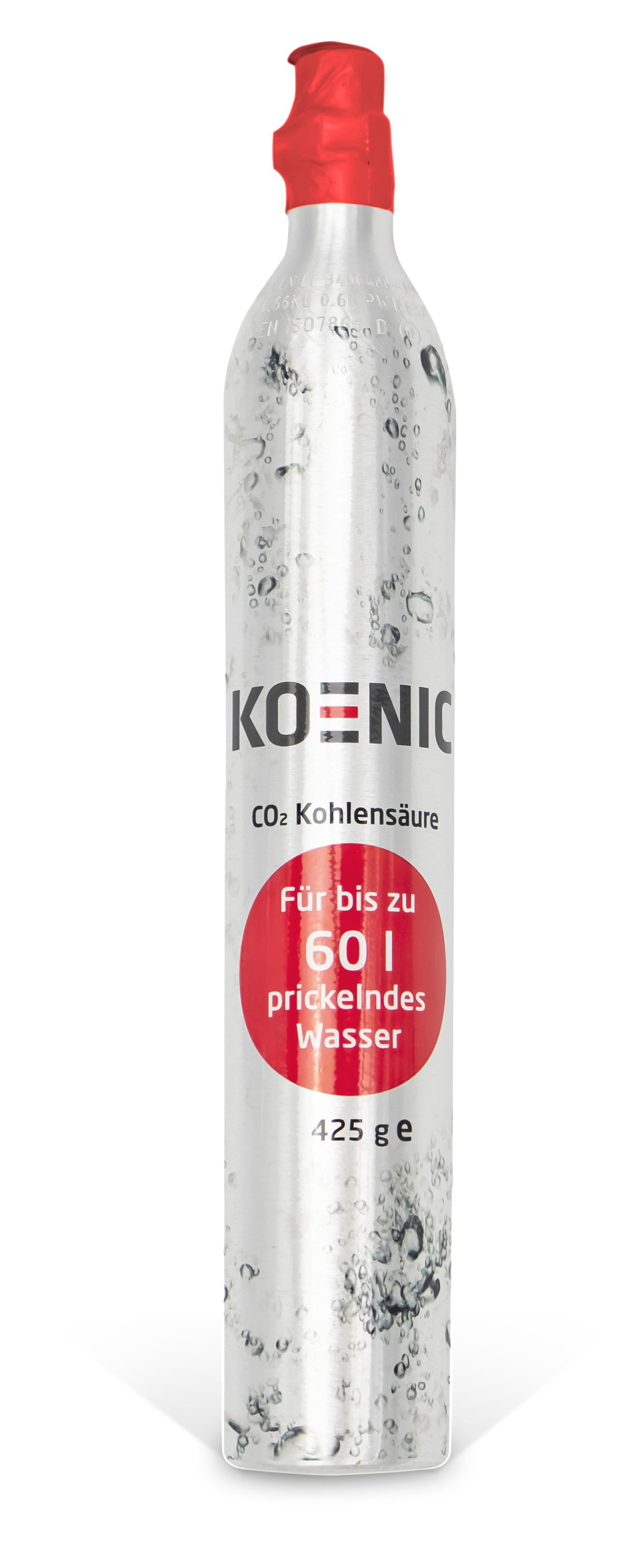 Eine silberne CO2-Zylinderflasche mit roter Kappe und einem Etikett über kohlensäurehaltiges Wasser.