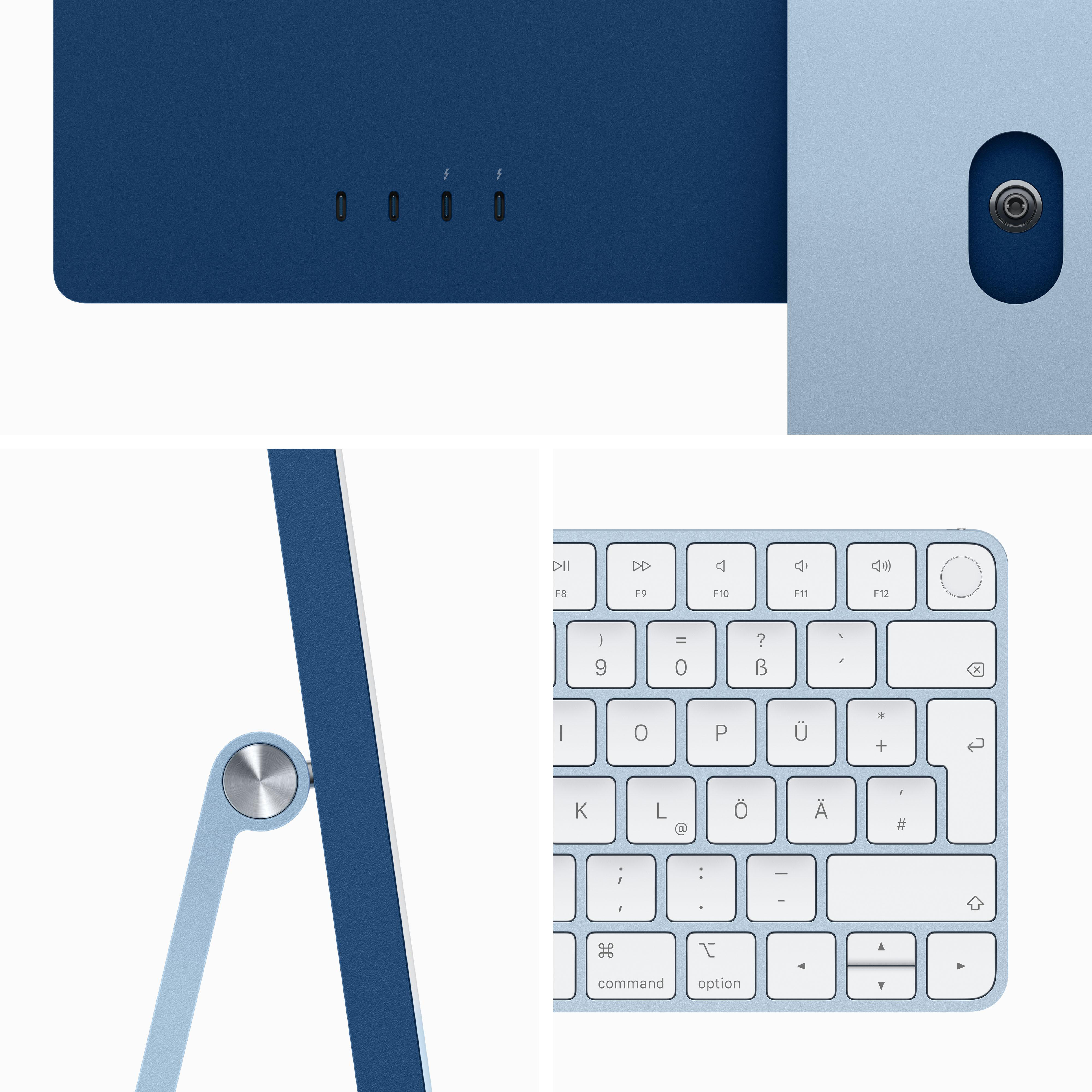Nahaufnahme eines blauen iMac, einschließlich Anschlüssen, Ständer und Tastatur, modernes Design.