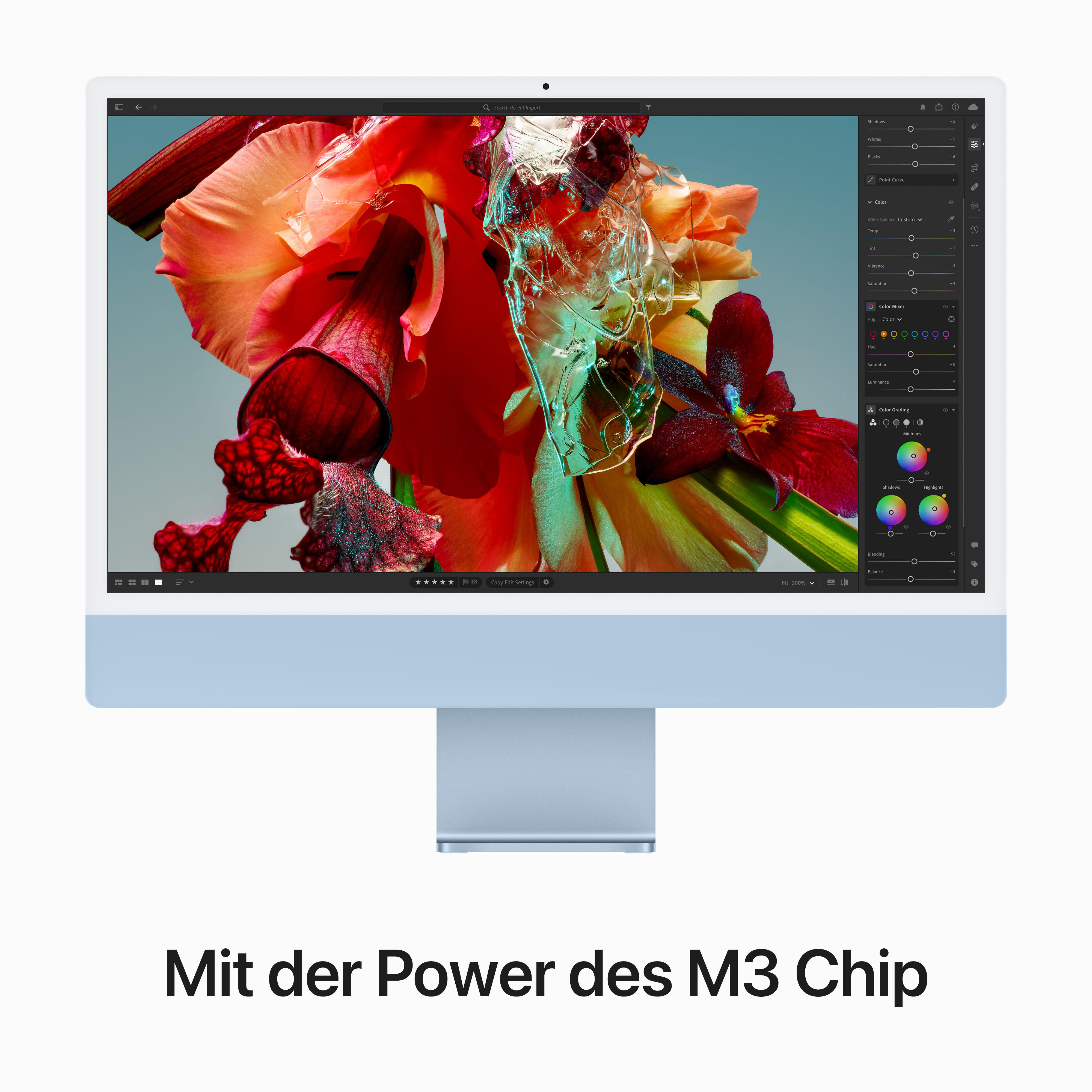 Apple iMac-Display mit farbenfrohem Blumenbild. Silberner Ständer, blauer Sockel. Weißer HG.