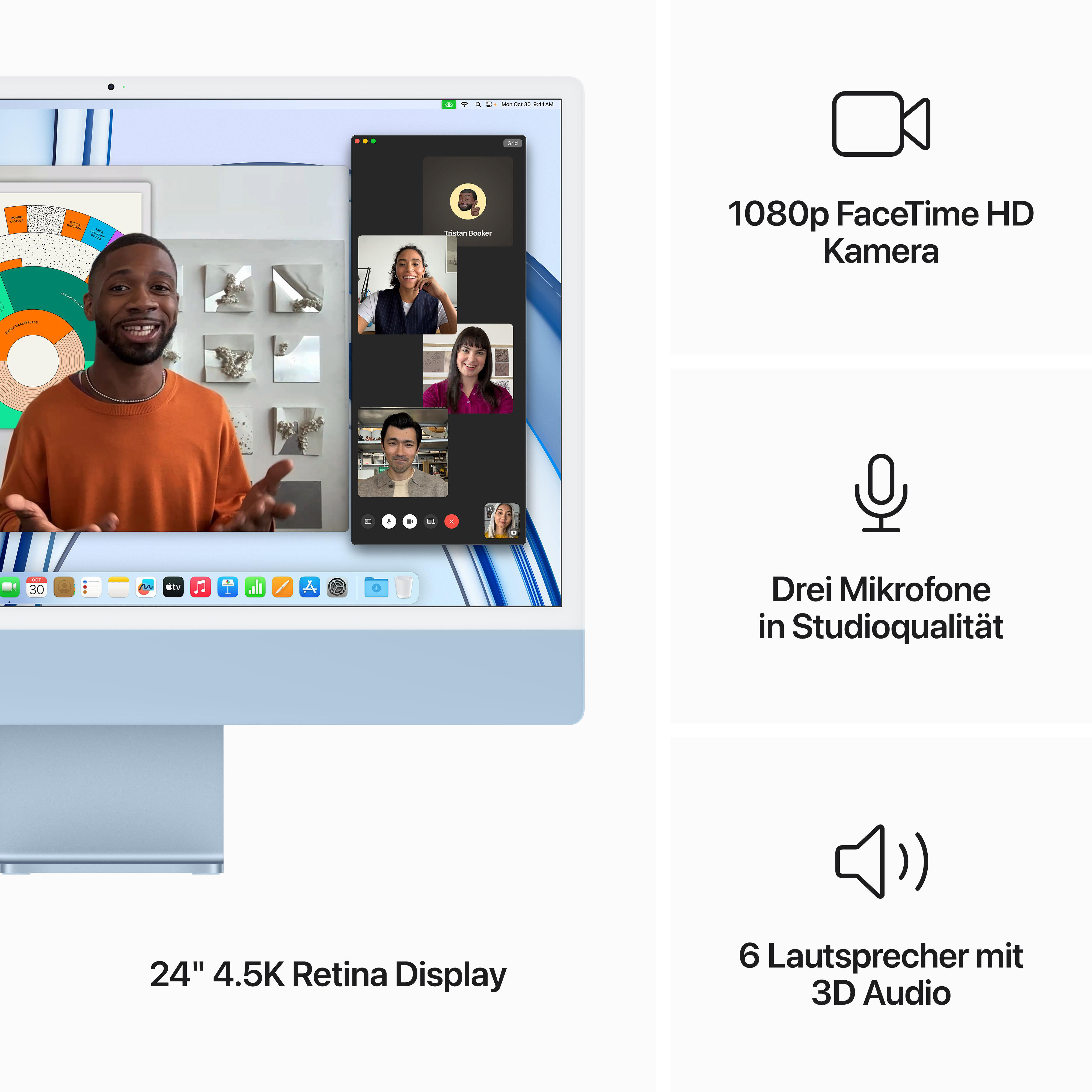 Ein iMac-Computer mit einem Videoanruf mit Personen auf dem Bildschirm. Zeigt auch Funktionen: Kamera, Mikrofone, Lautsprecher.