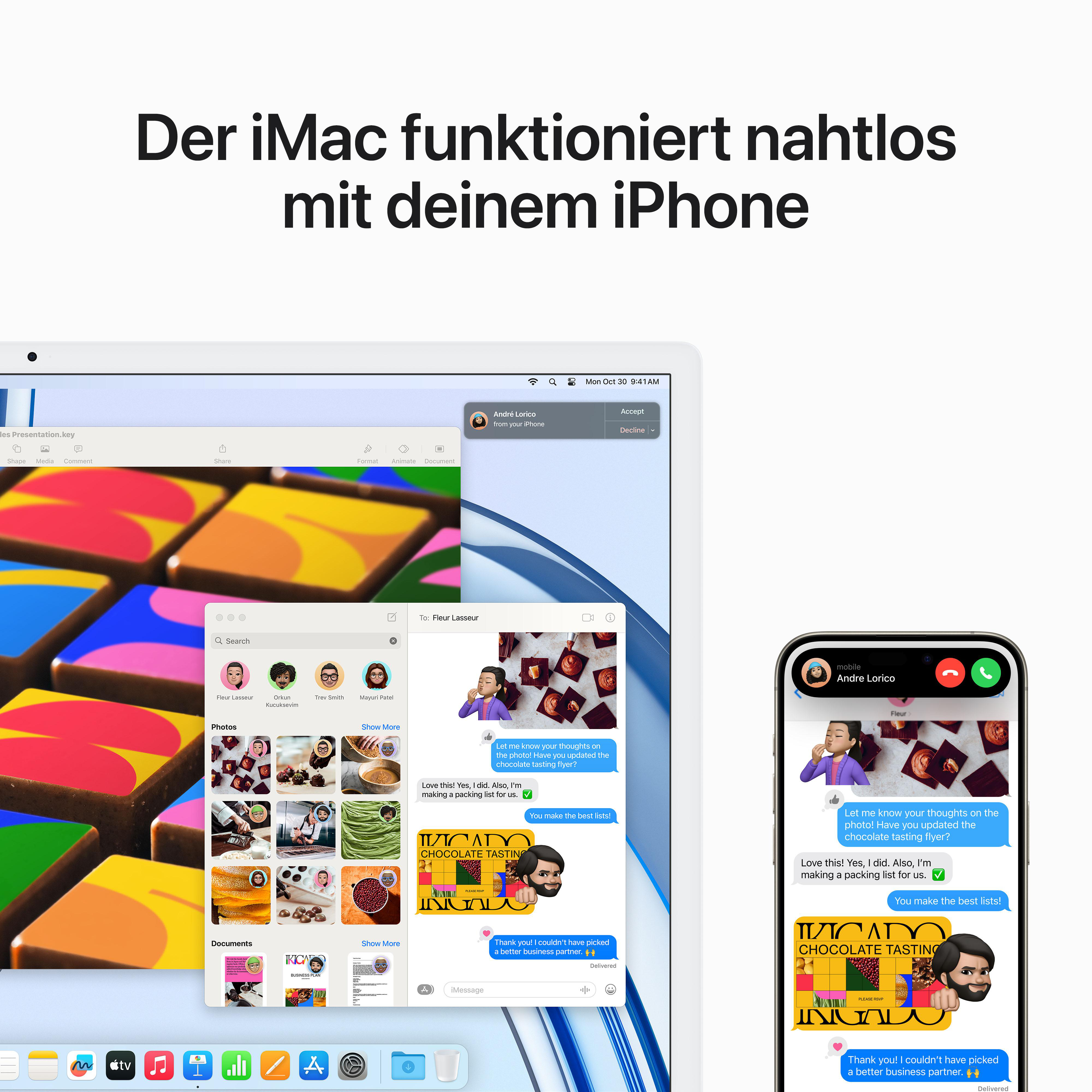 iMac mit iPhone, die eine Unterhaltung zeigen, Schokoladen-Verkostungsthema.