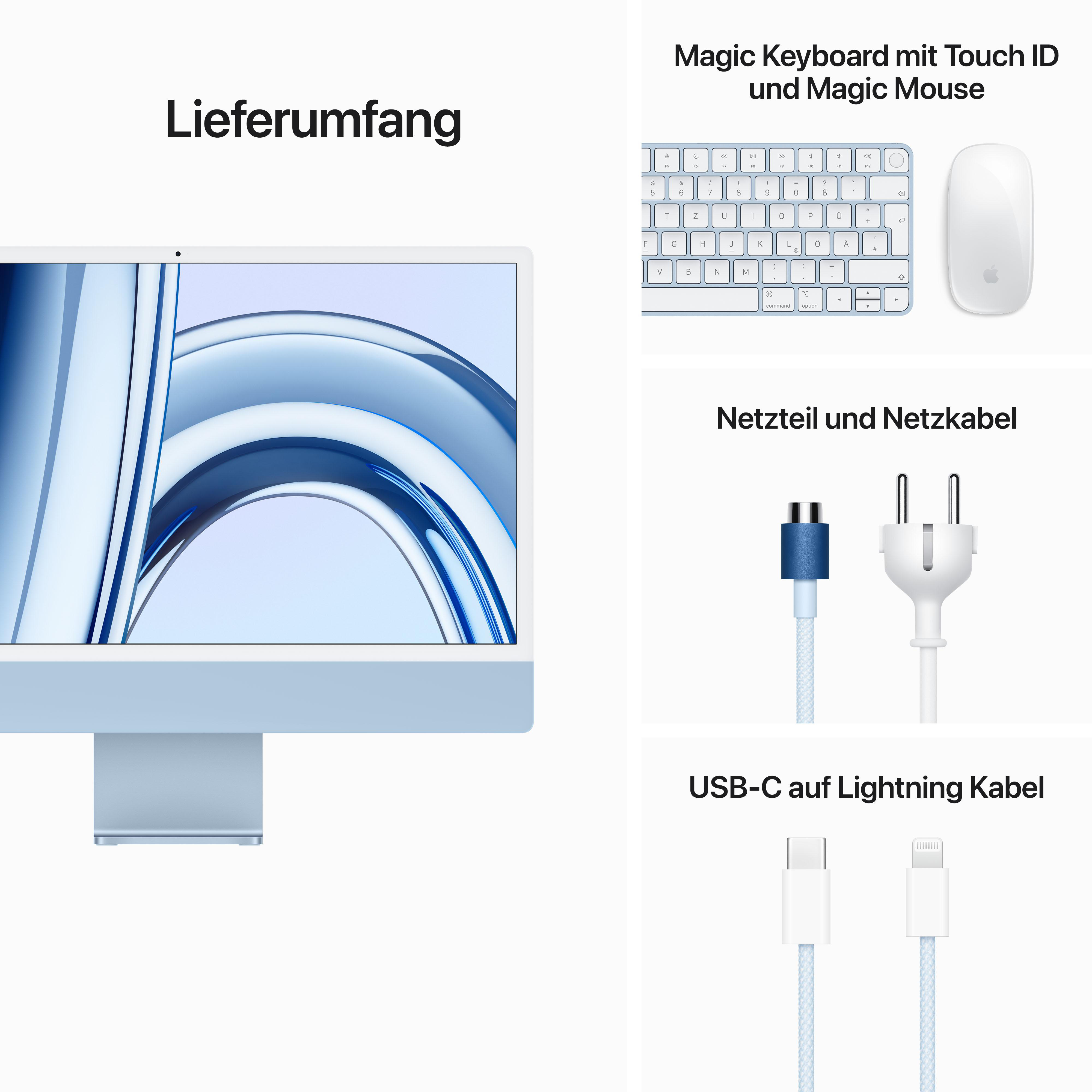 Apple iMac mit Zubehör: Magic Keyboard, Maus, Netzkabel und USB-C-auf-Lightning-Kabel.