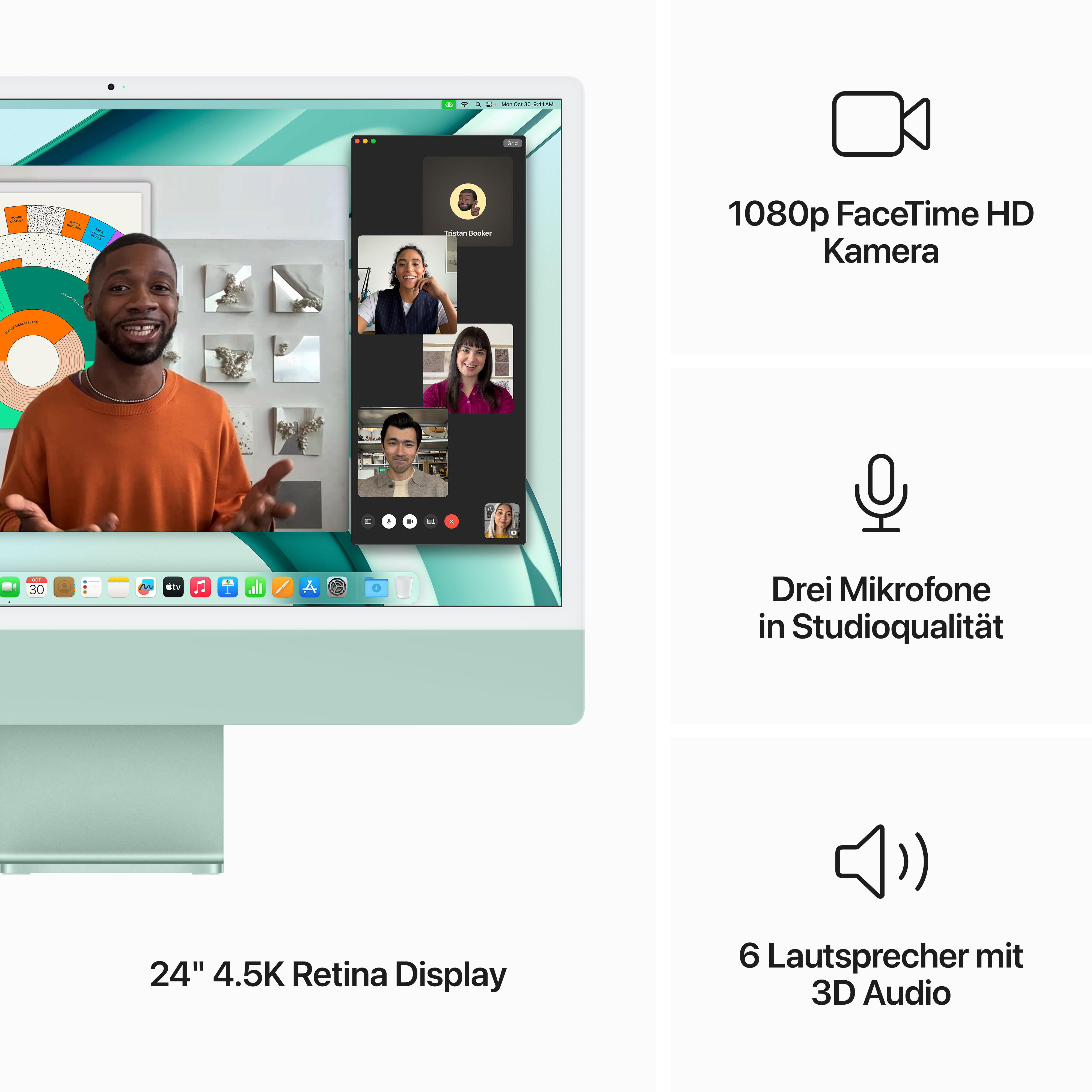 Grüner iMac-Bildschirm zeigt Videoanruf. Funktionen: 1080p-Kamera.