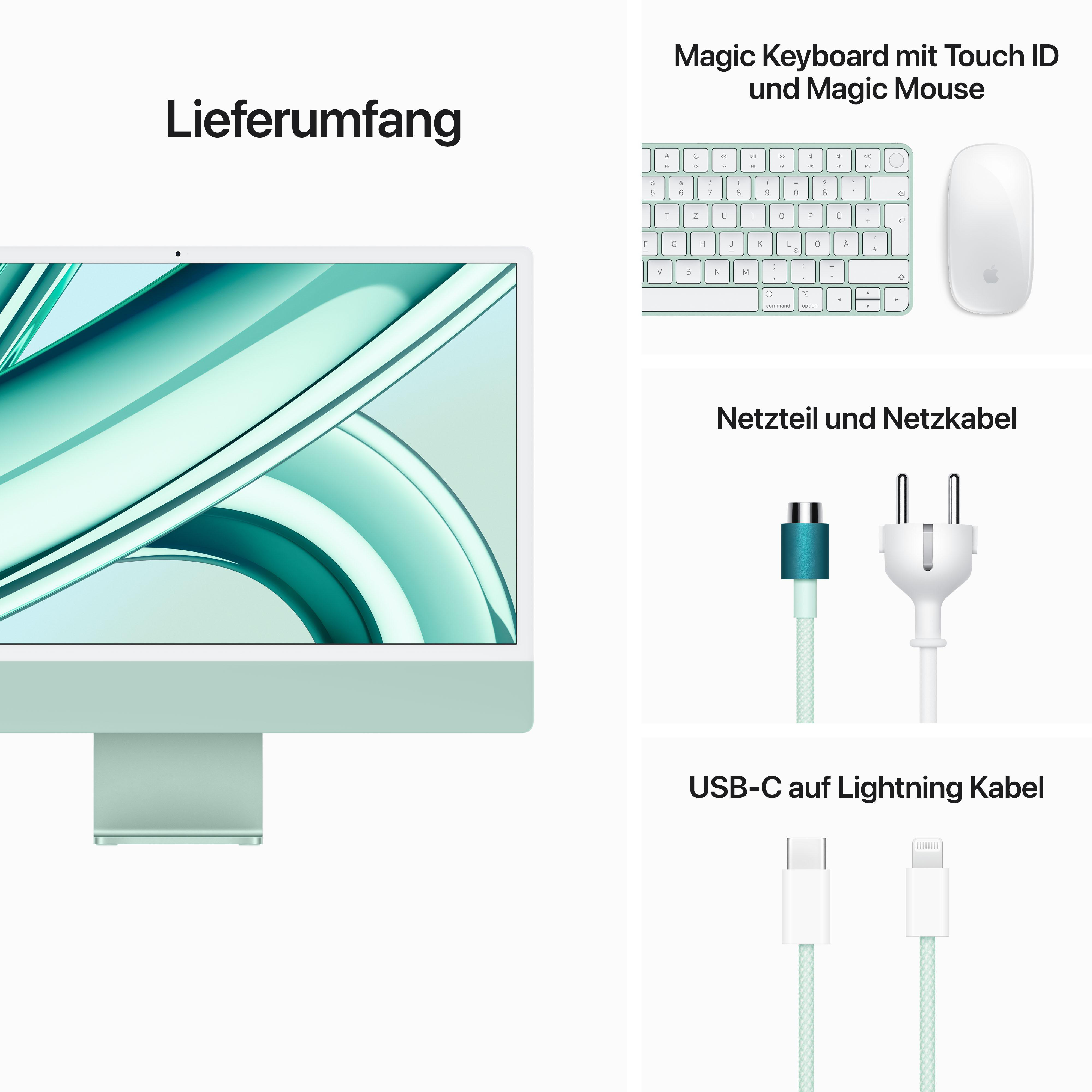 Ein iMac, Tastatur, Maus und Kabel, alles in Mintgrün.