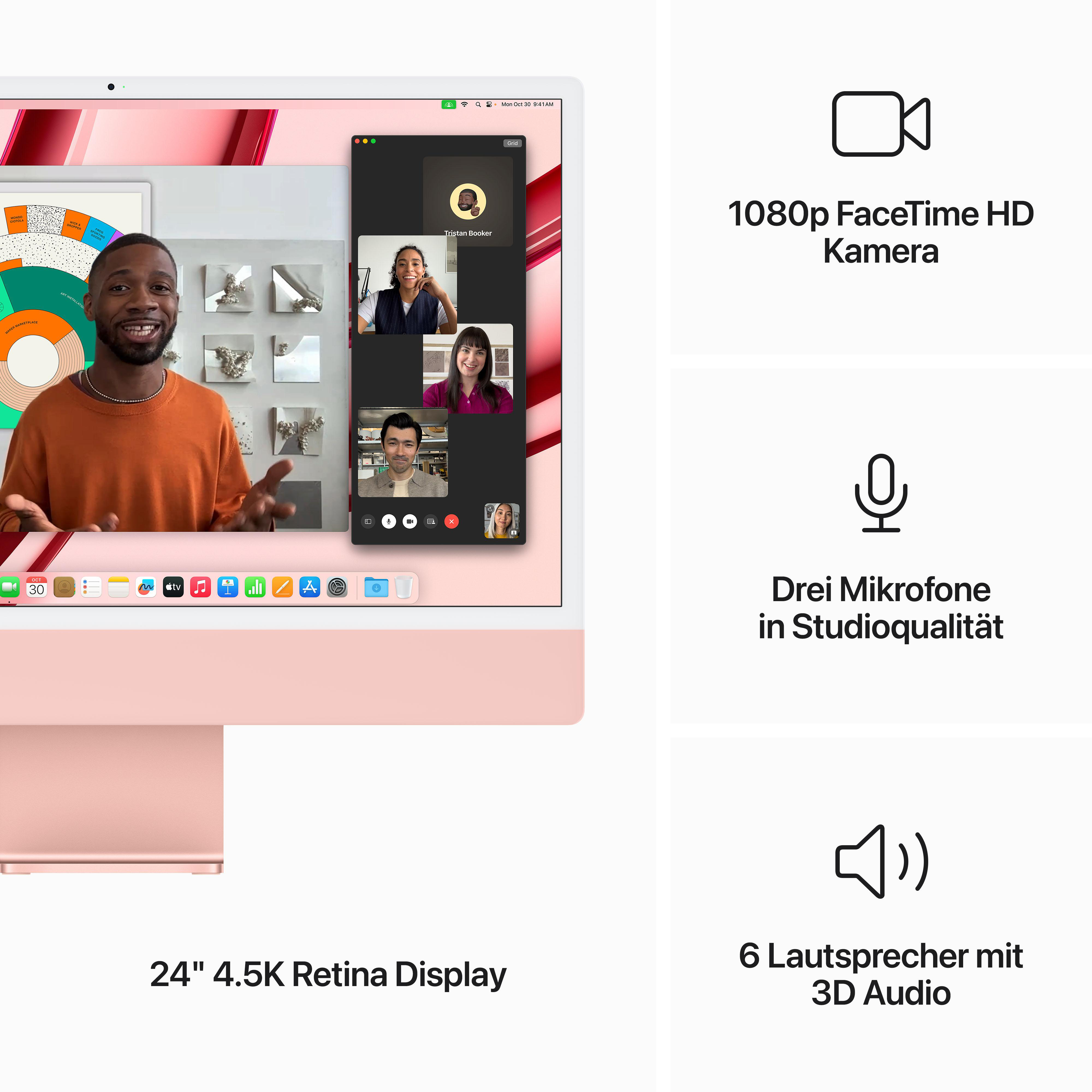 Person in Videogespräch auf pinkfarbenem iMac. Symbole und Videoanrufoberfläche sichtbar.
