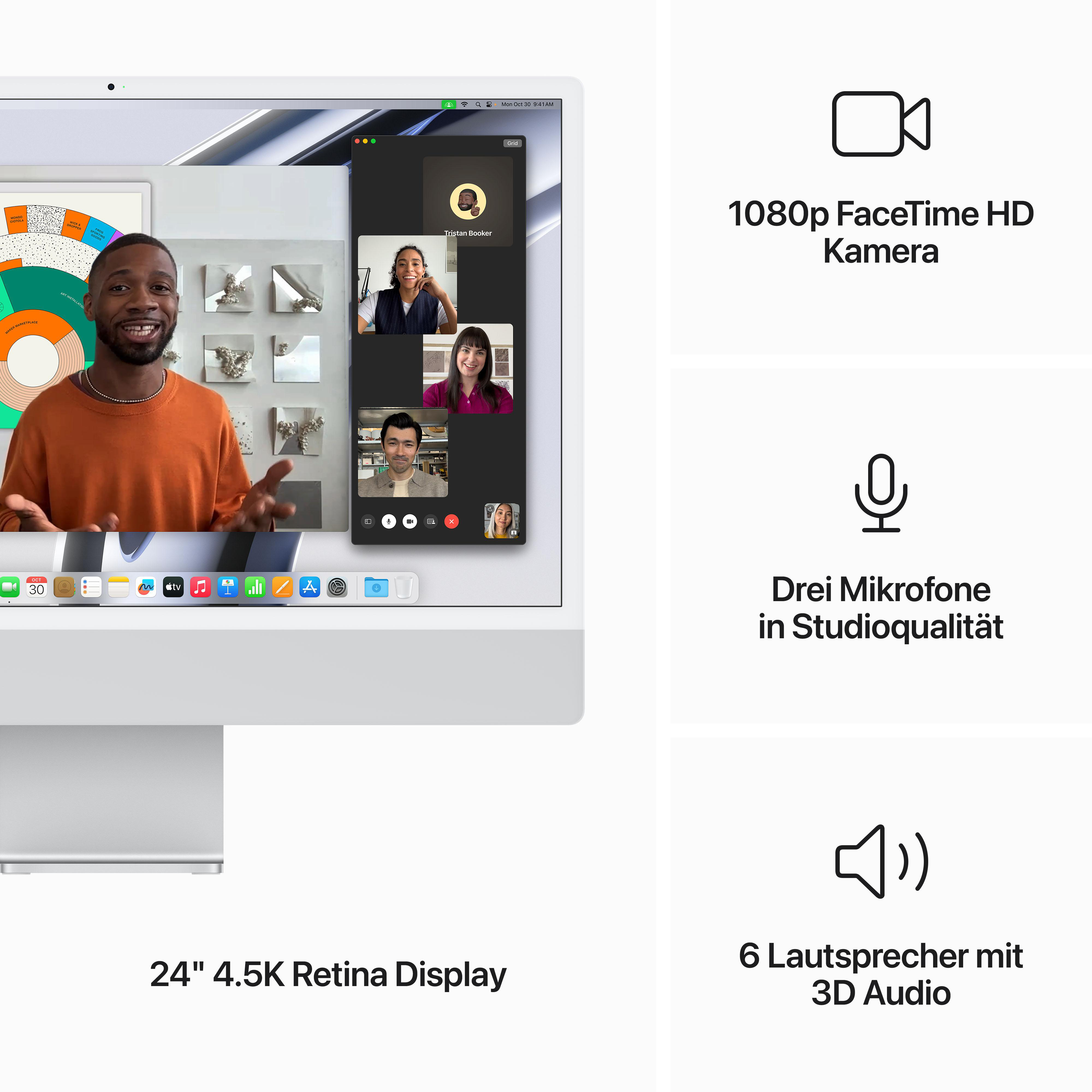 Apple iMac mit Videoanruf auf dem Bildschirm. Text und Symbole auf der rechten Seite.