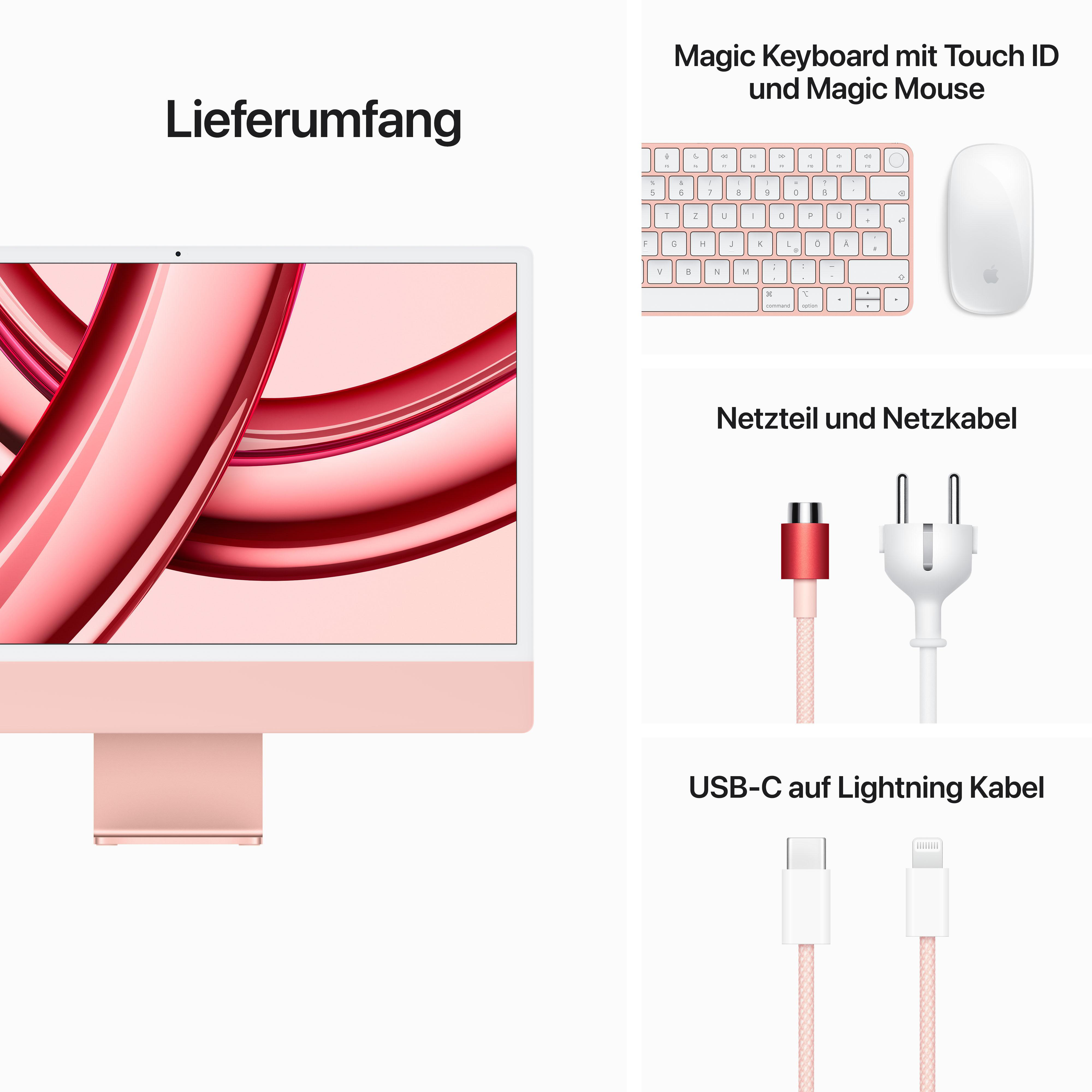 Rosa iMac, Tastatur und Maus. Netzkabel und USB-C-auf-Lightning-Kabel.